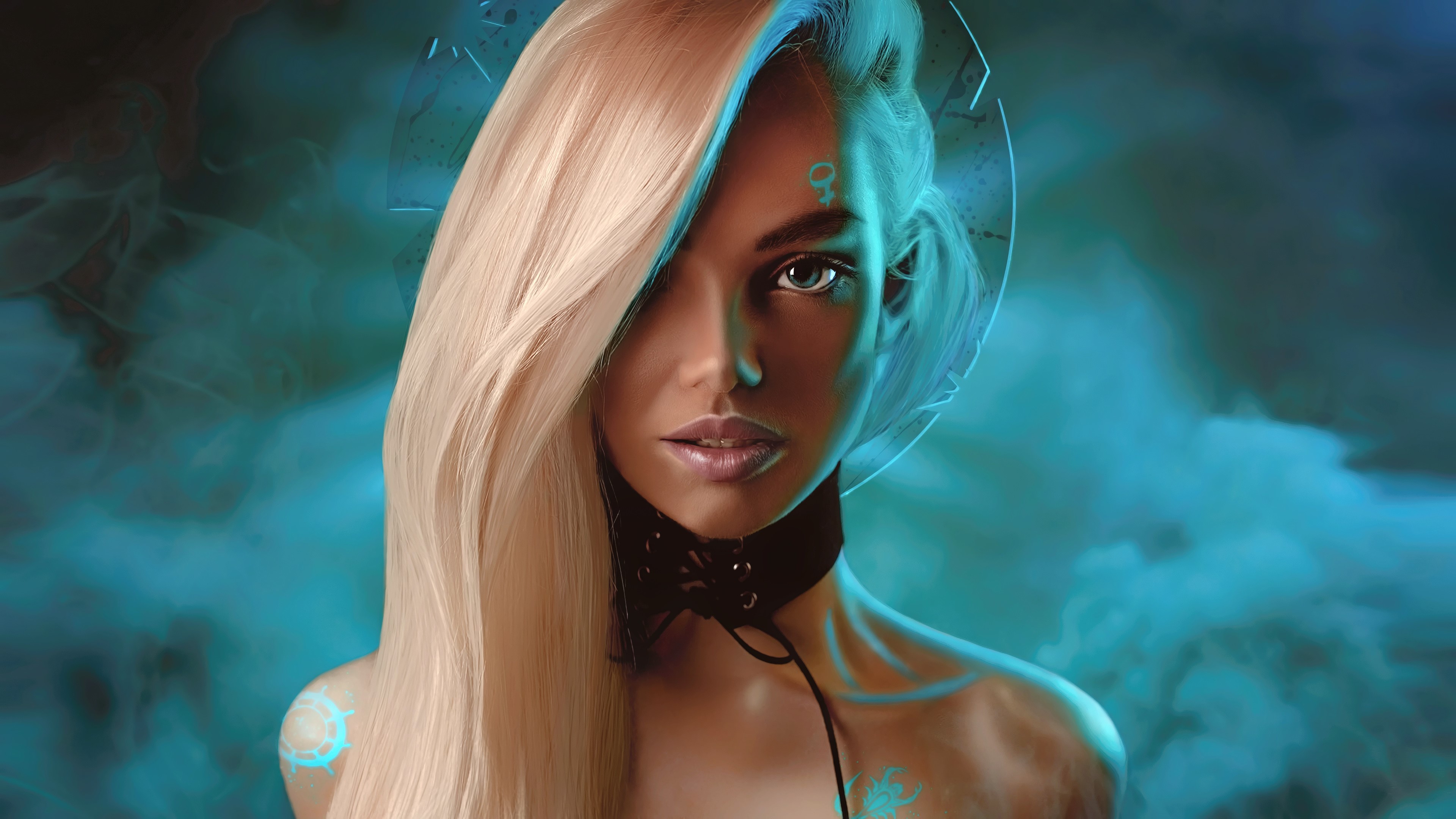 Fantasy woman with blonde hair and blue glow HD Wallpaper