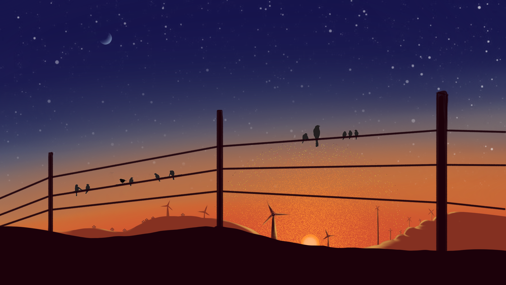 Birds on wires at sunset with windmills and moon HD Wallpaper