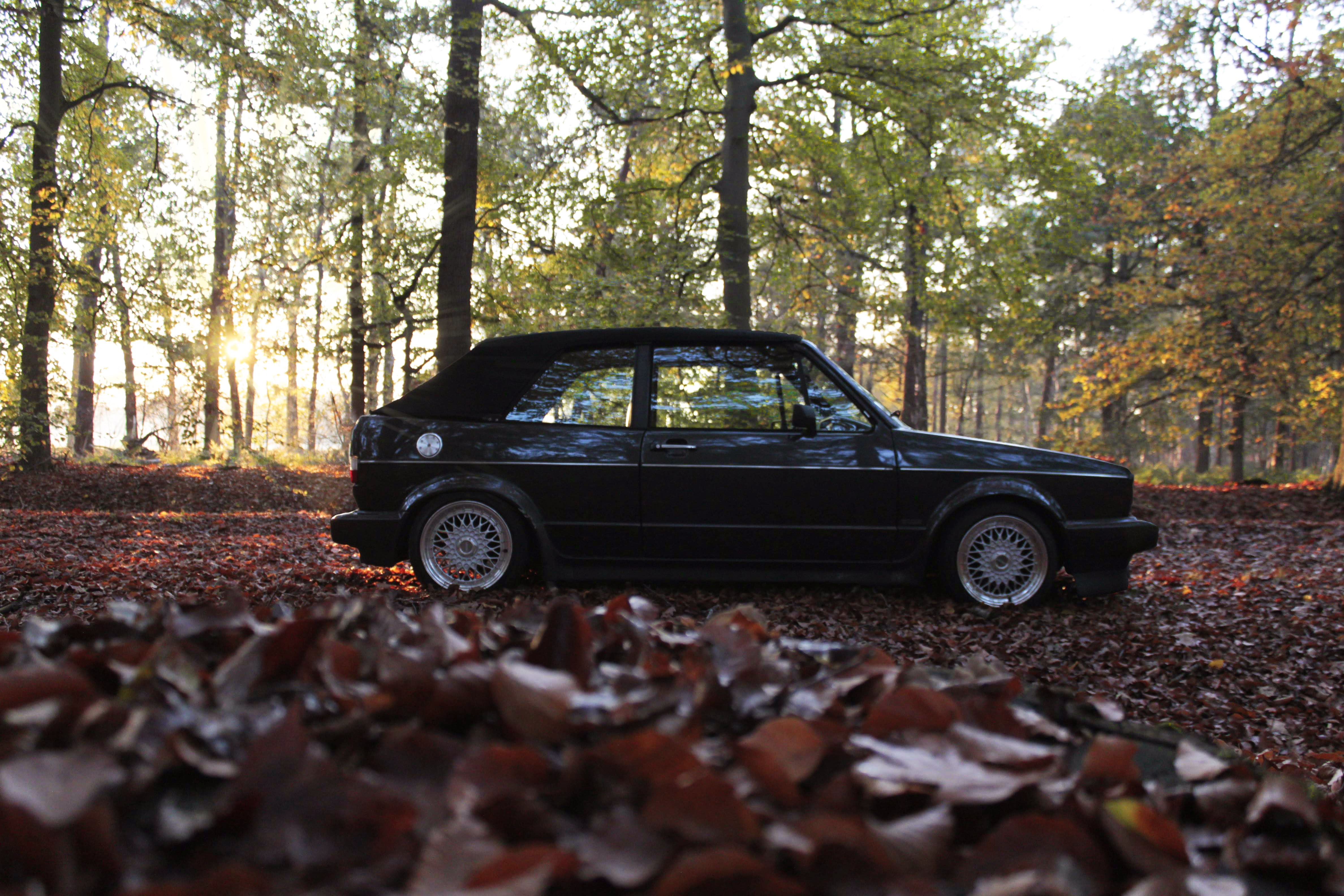 Black Volkswagen Golf Mk1 convertible in autumn forest HD Wallpaper