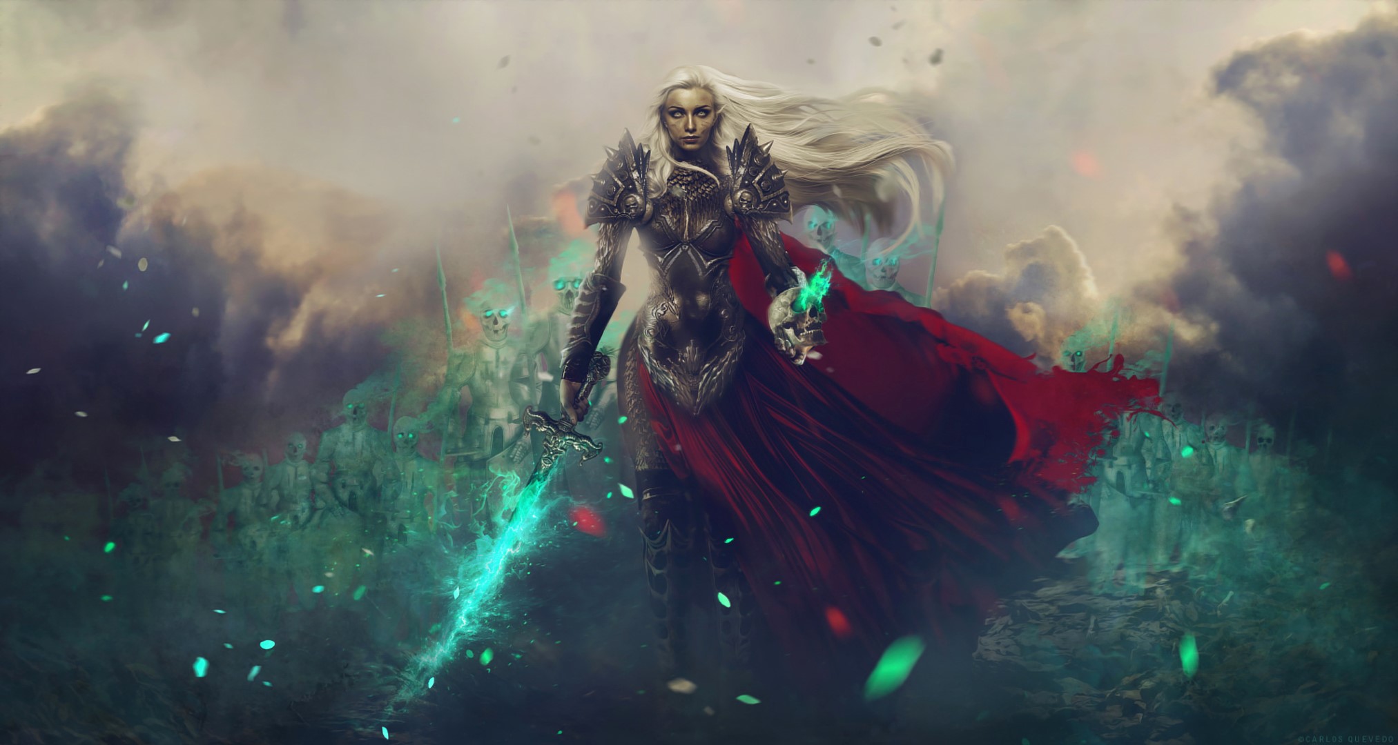 Warrior woman with glowing sword and undead army HD Wallpaper