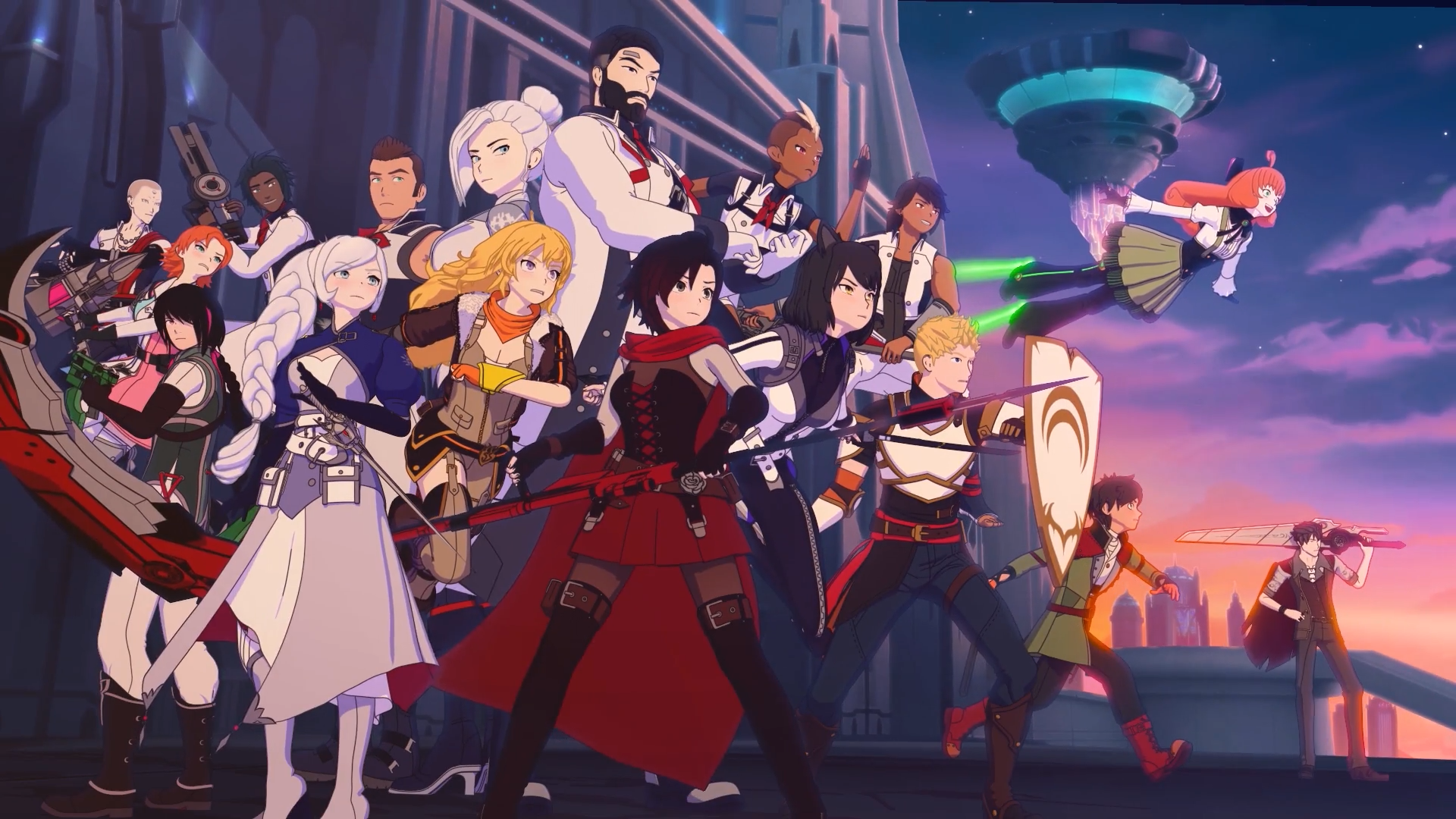 RWBY characters posing together in front of a city skyline HD Wallpaper