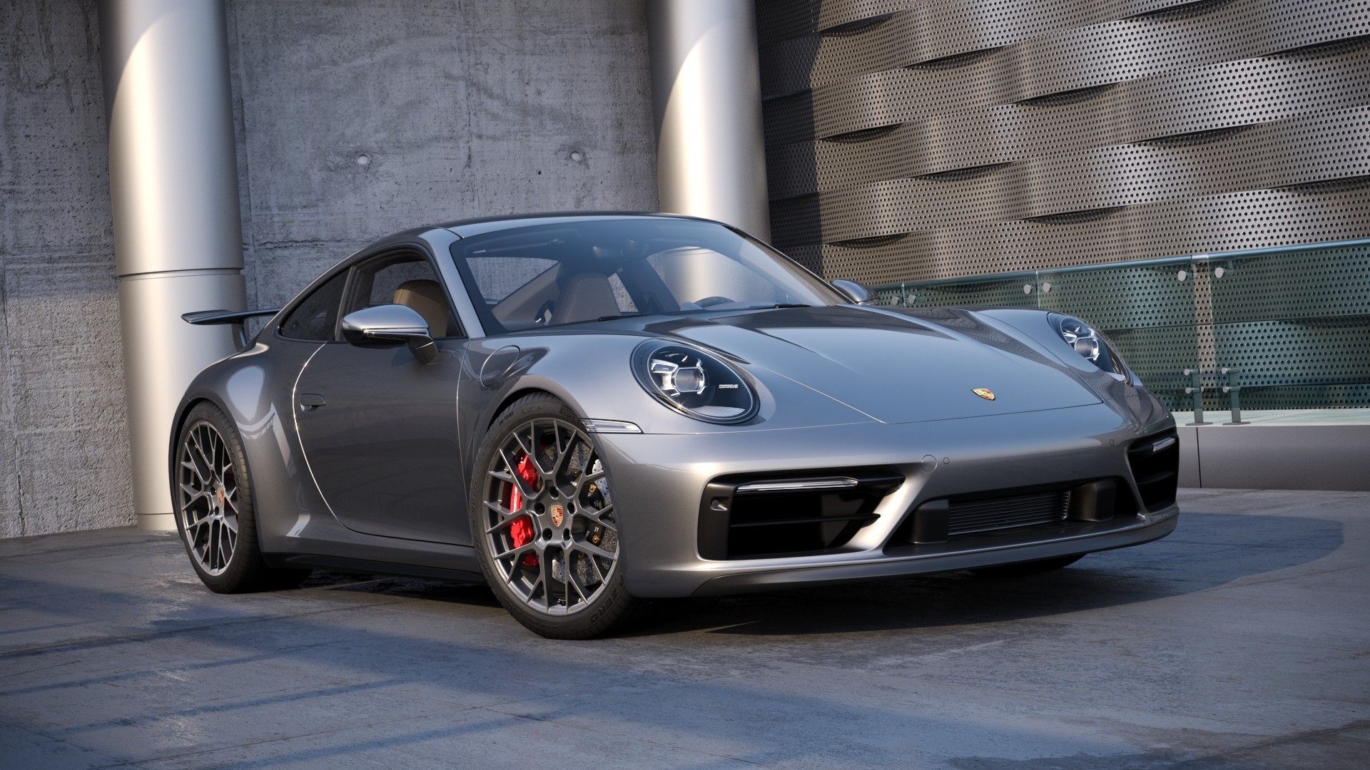 Silver Porsche 911 992 parked outdoors HD Wallpaper