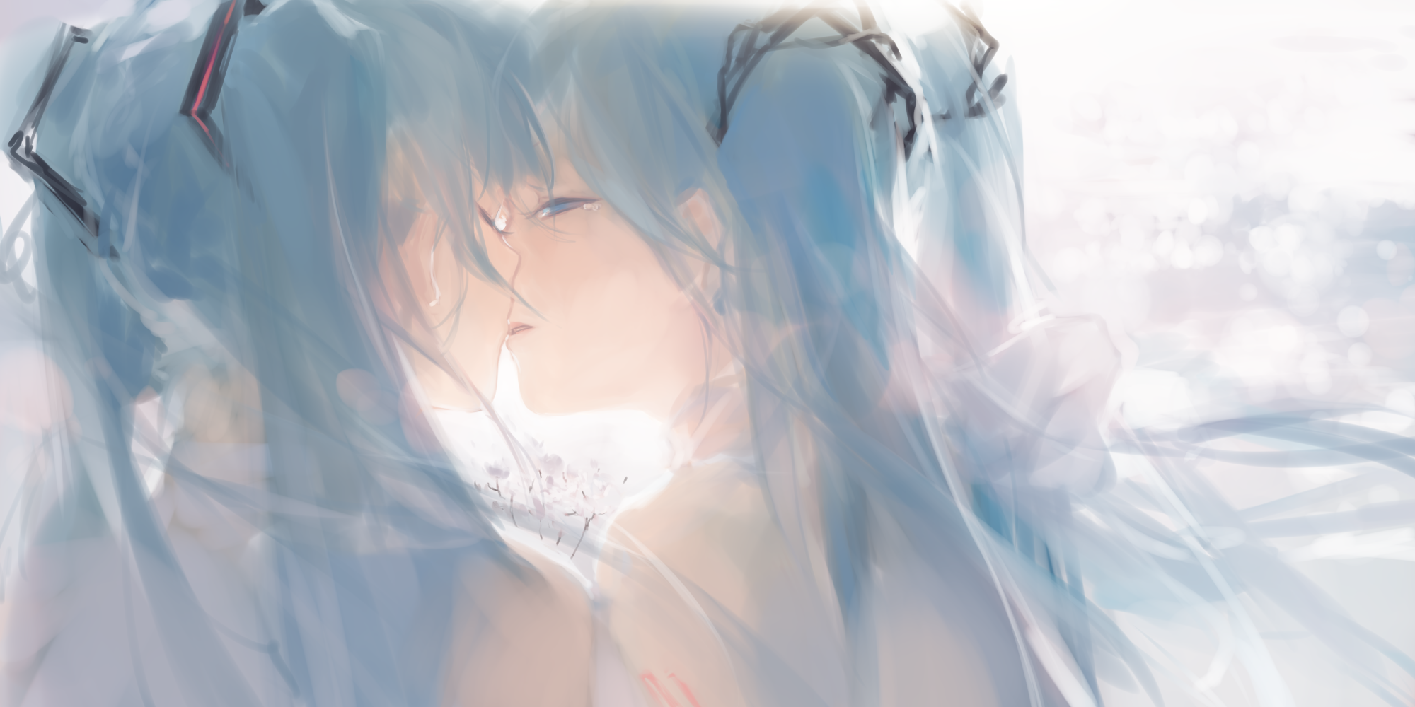 Hatsune Miku from Vocaloid kissing another Miku HD Wallpaper