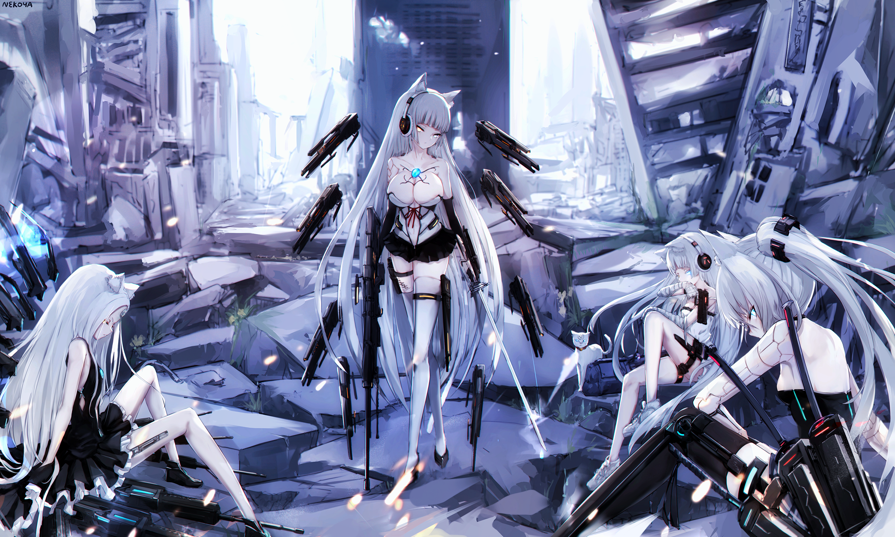 Anime girls with weapons in ruined city HD Wallpaper