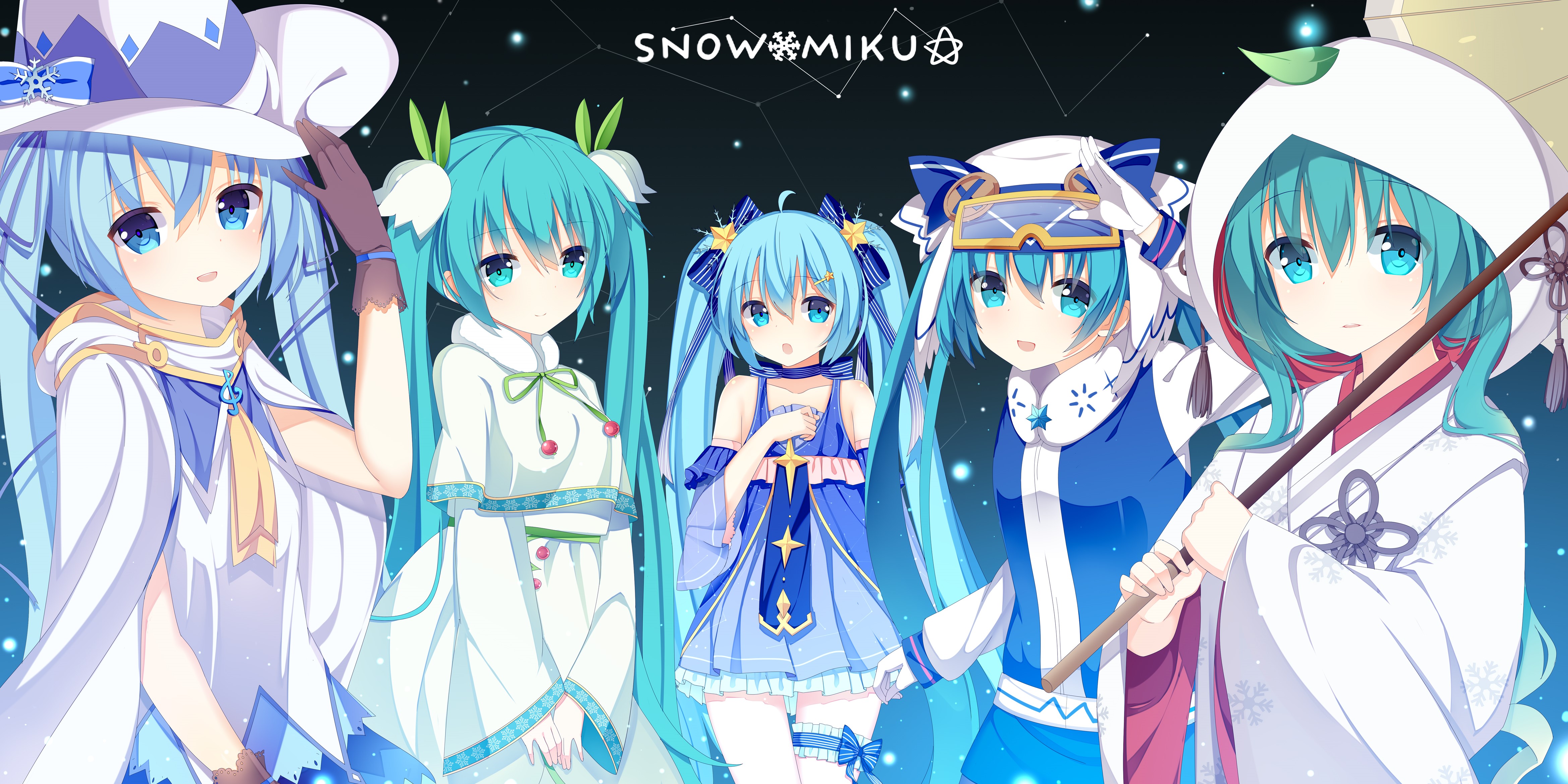 Snow Miku and friends in winter outfits HD Wallpaper