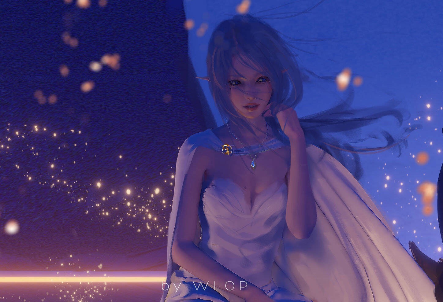 Anime girl with blue hair and elf ears by WLOP HD Wallpaper