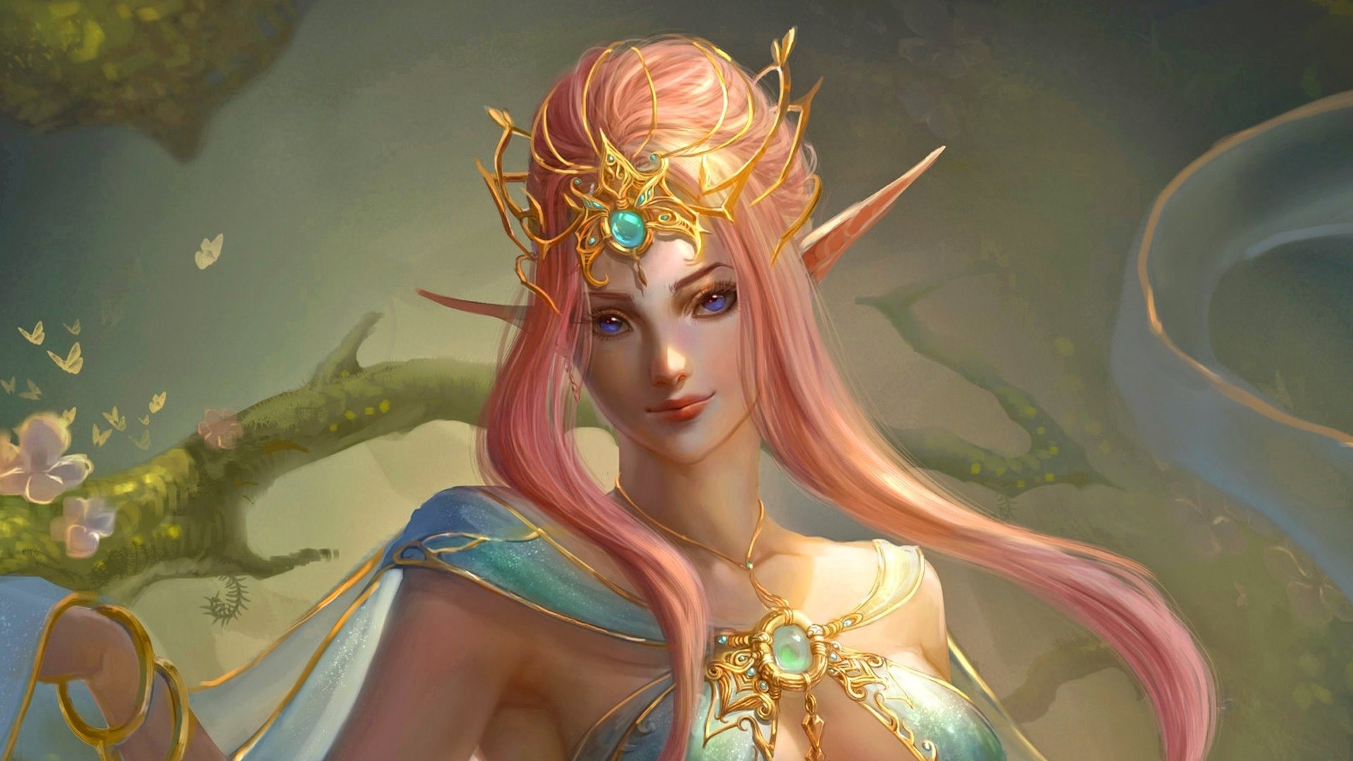 Fantasy elf woman with pink hair and crown HD Wallpaper