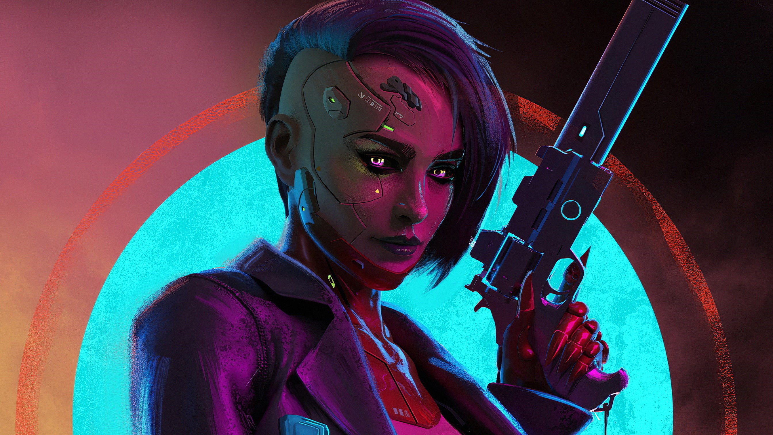 Cyberpunk woman with robotic enhancements holding a gun HD Wallpaper