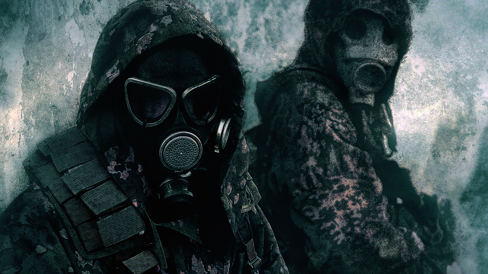 Two soldiers wearing gas masks and camouflage HD Wallpaper