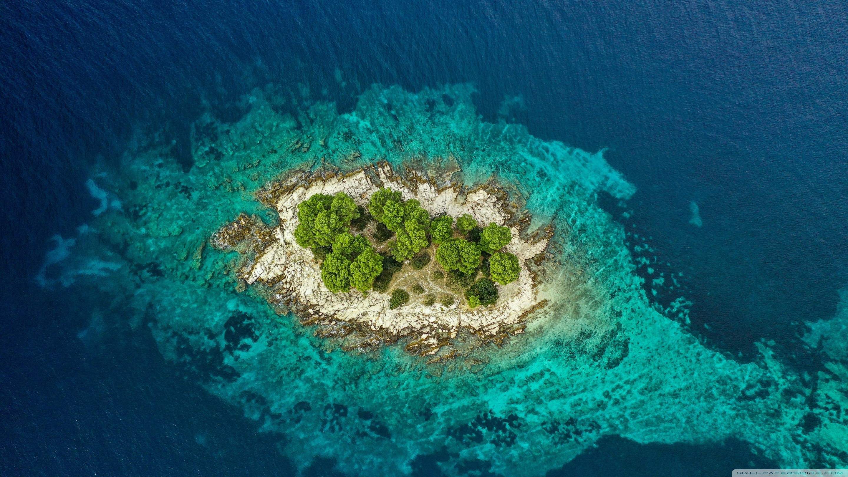 Aerial view of a small, tree-covered island in turquoise water HD Wallpaper