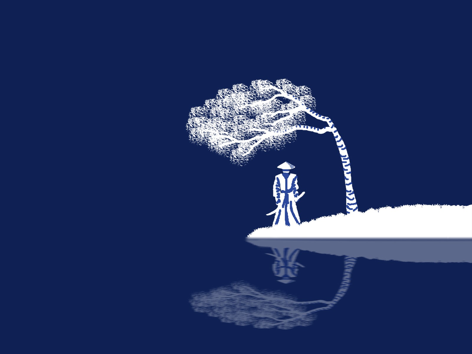 Samurai under a tree with reflection HD Wallpaper