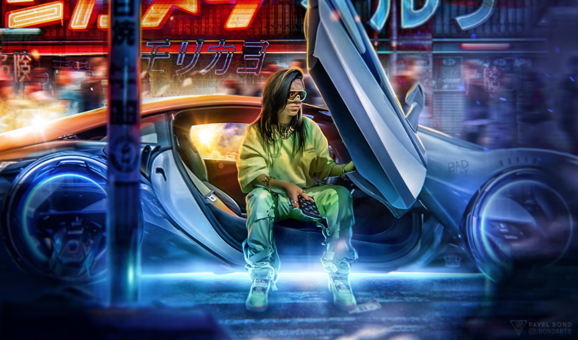 Billie Eilish in a futuristic car in Cyberpunk 2077 environment HD Wallpaper