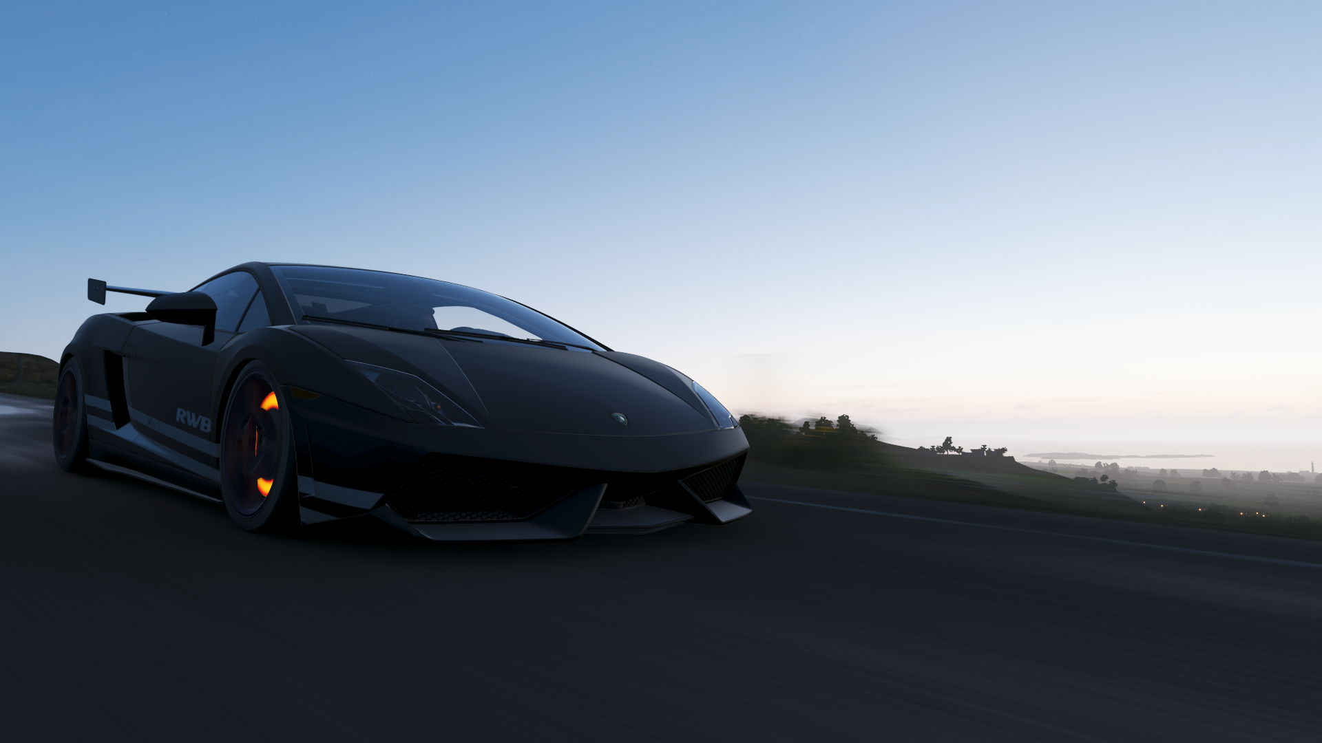 Black Lamborghini Gallardo RWB with glowing brakes on a road HD Wallpaper