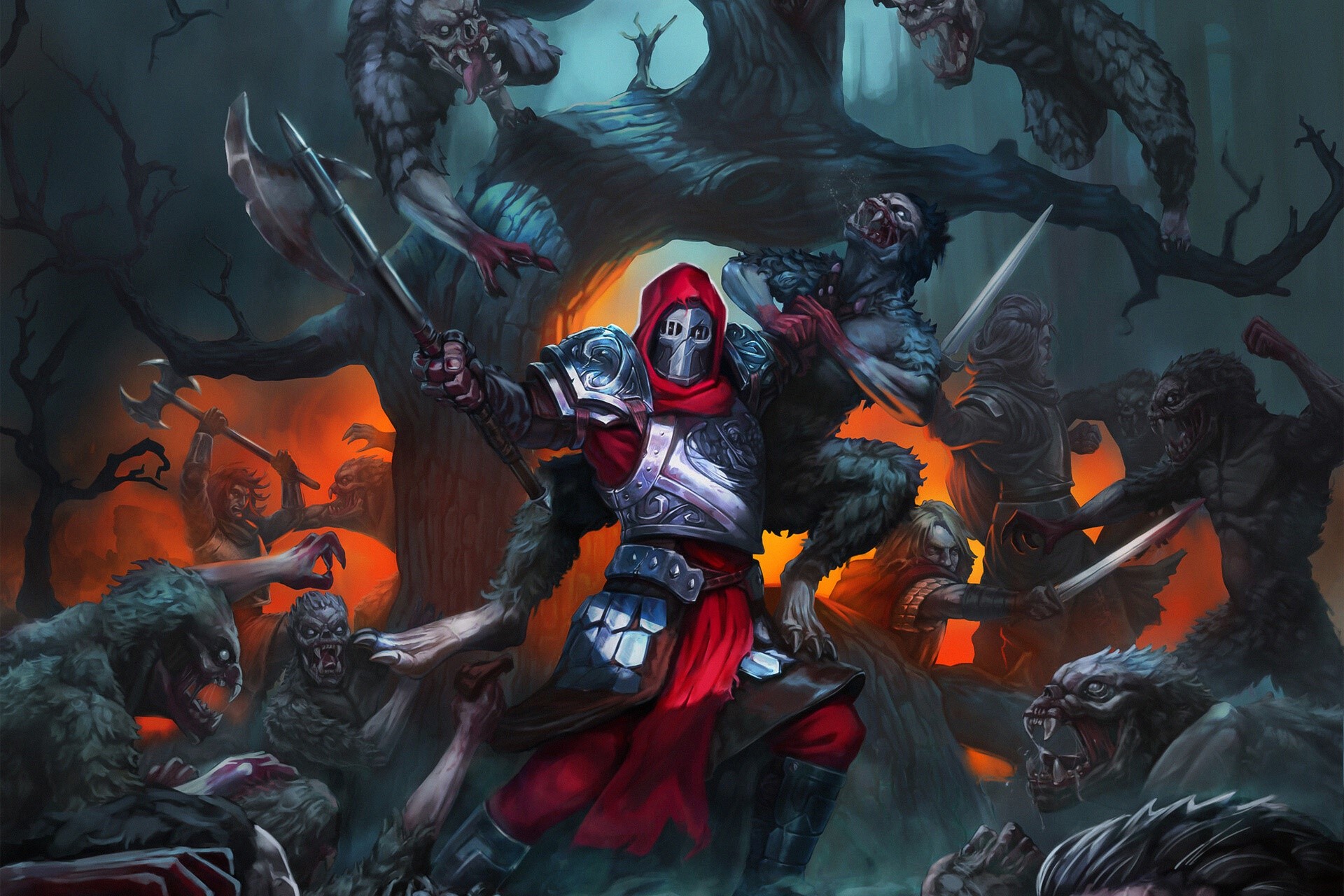 Armored warrior fighting monsters in a dark forest HD Wallpaper