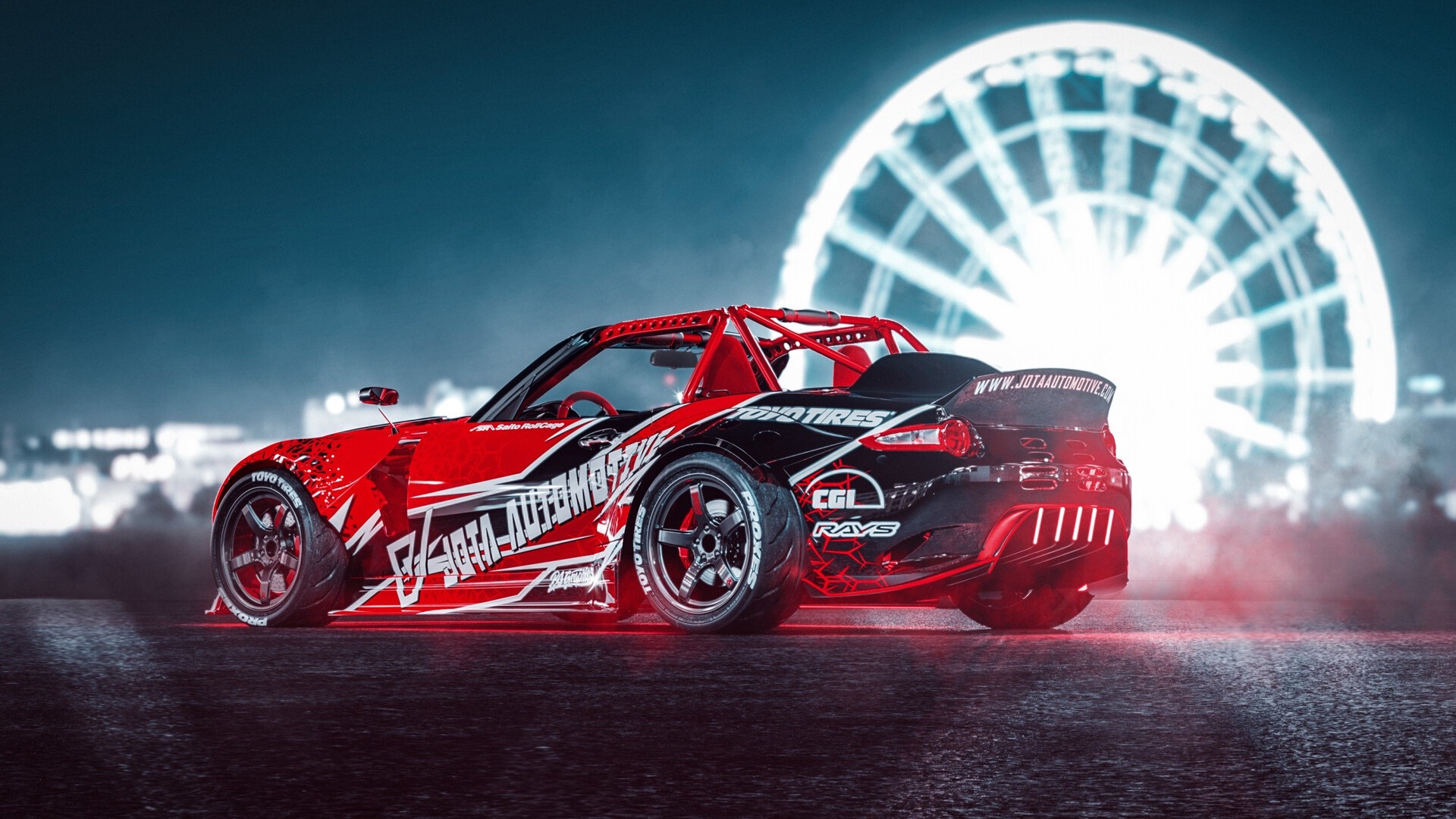 Red and black Mazda MXV8 drift car with roll cage HD Wallpaper