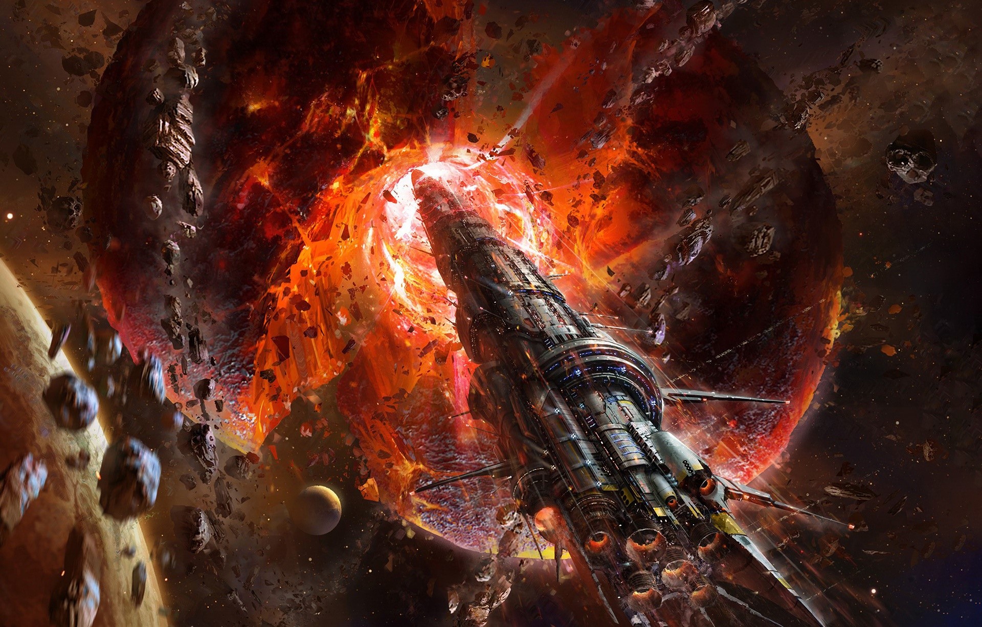 Spaceship entering a fiery cosmic anomaly HD Wallpaper