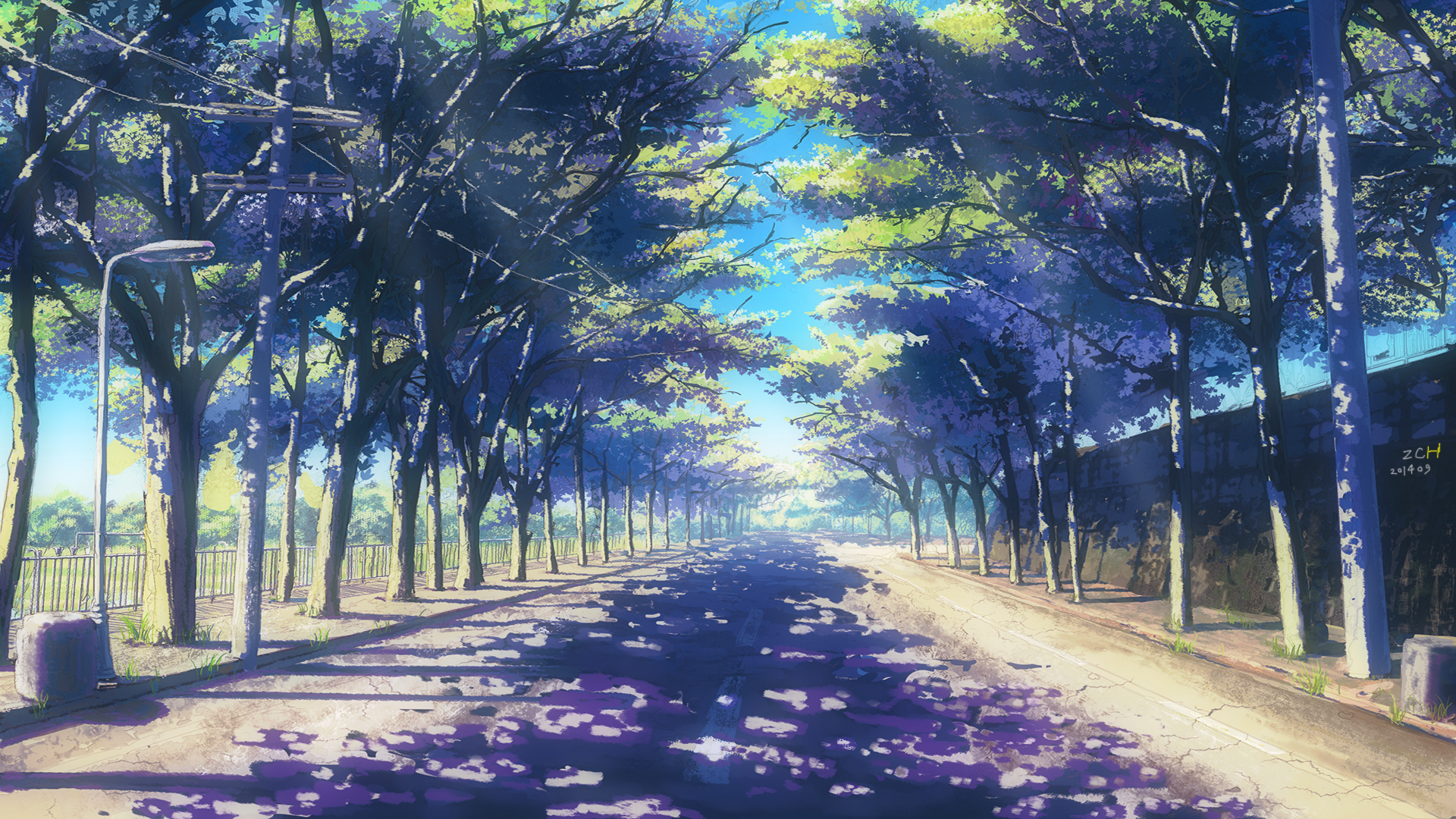 Anime street lined with trees and dappled sunlight HD Wallpaper