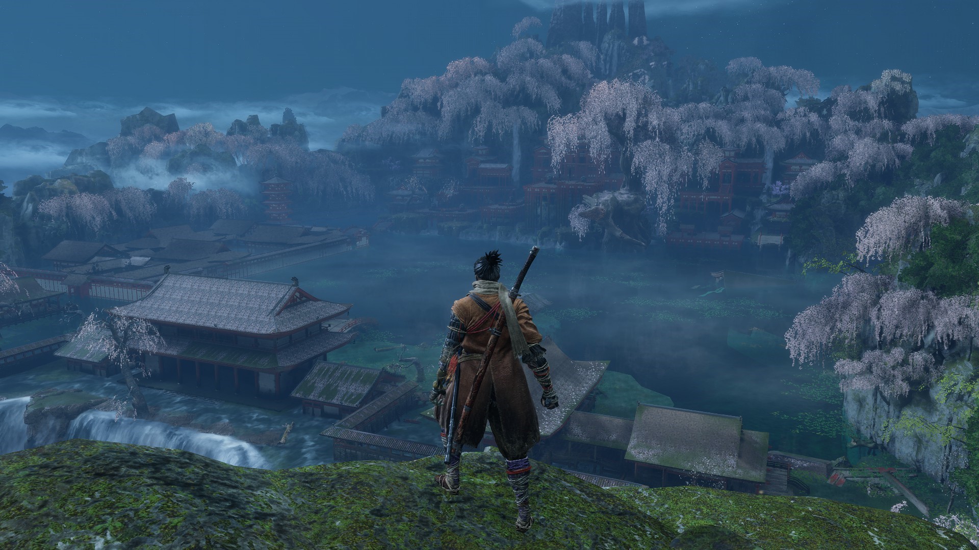 Sekiro: Shadows Die Twice character overlooking a village HD Wallpaper