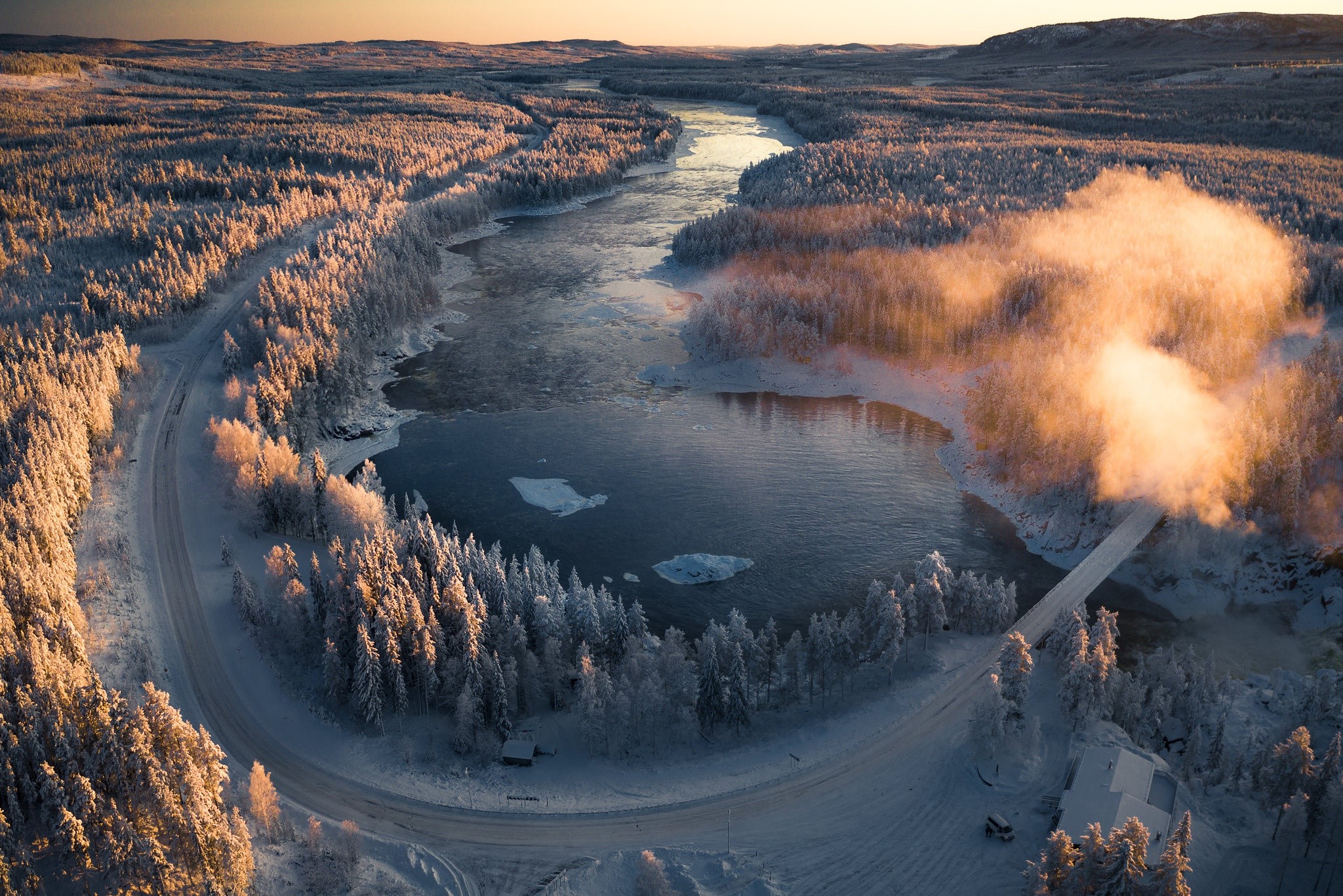 Winter landscape with a winding road and river HD Wallpaper