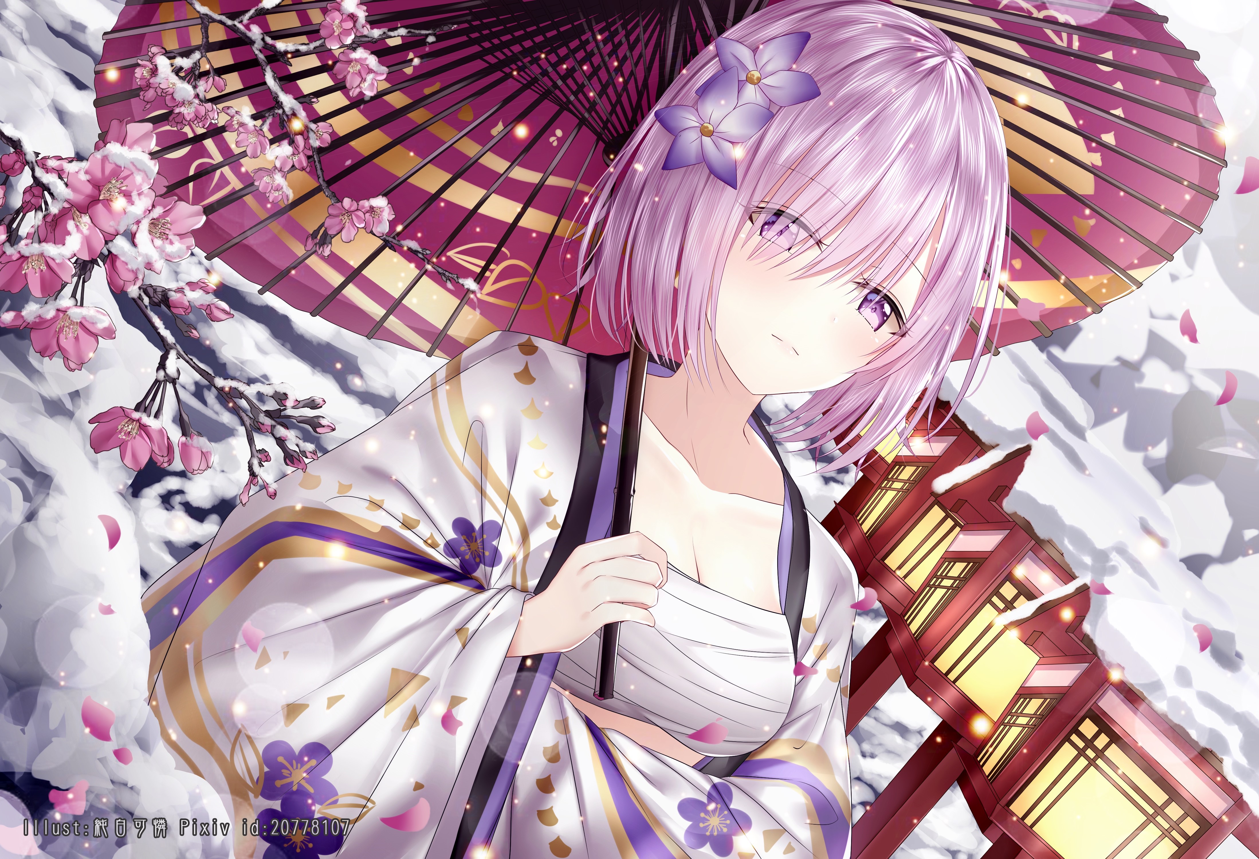 4K anime girl with pink hair and kimono holding umbrella HD Wallpaper