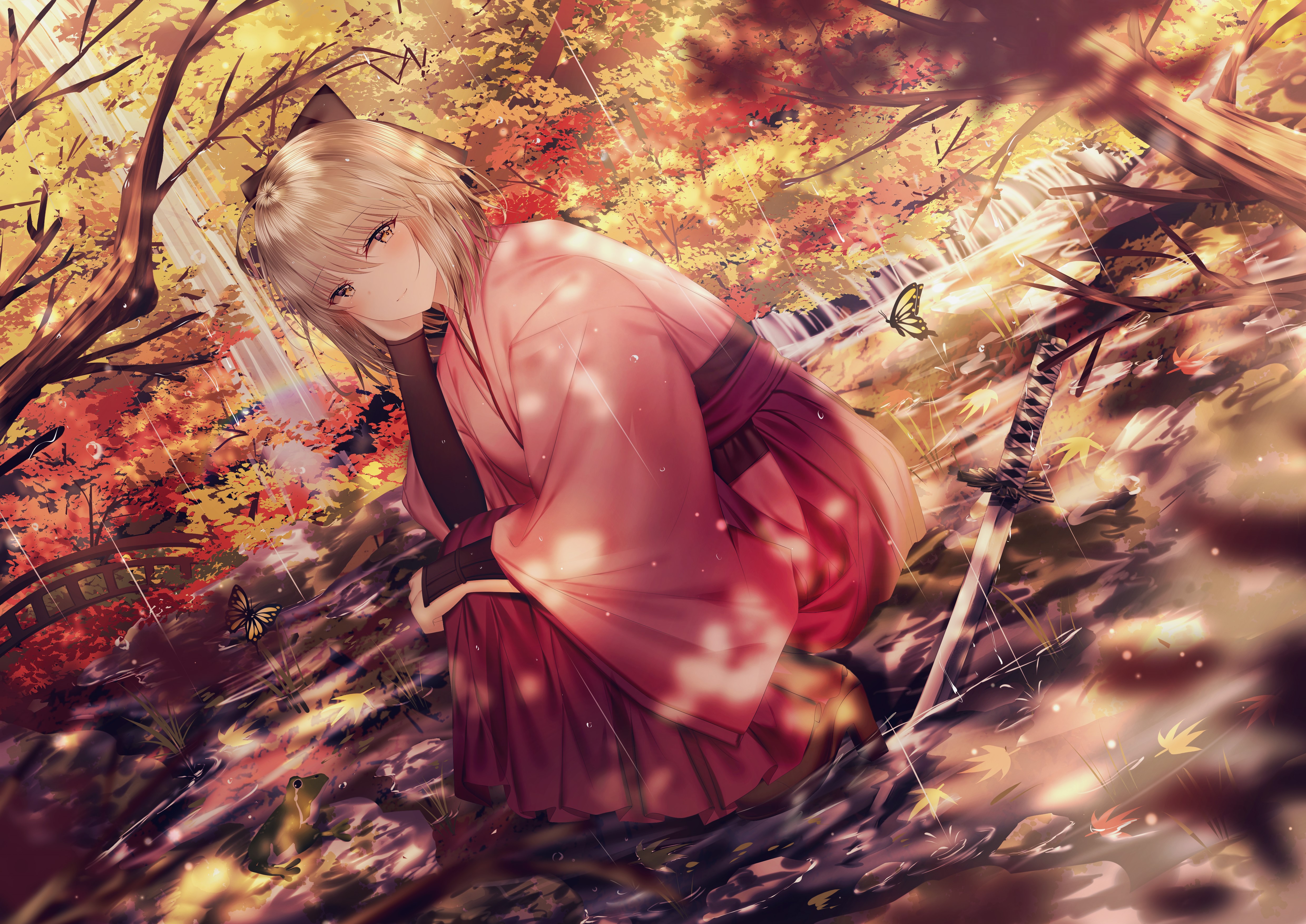 Okita Souji from Fate/Grand Order in Autumn HD Wallpaper