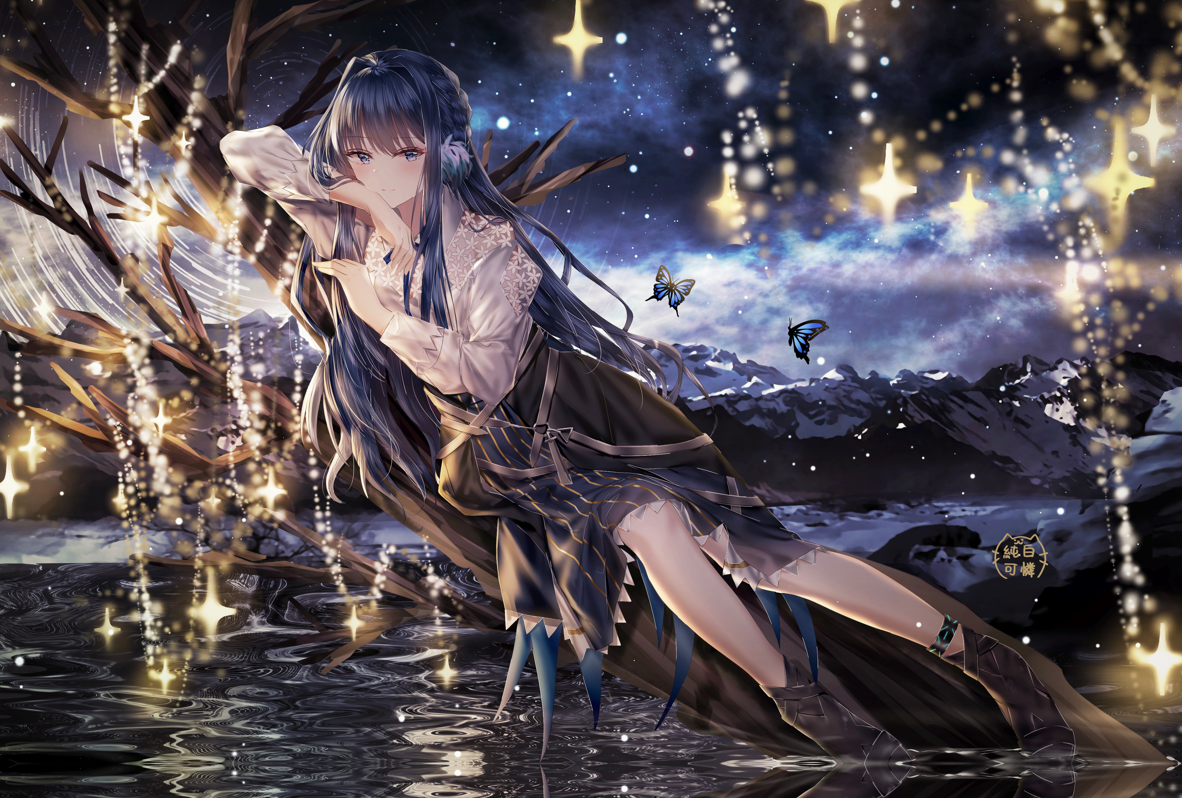 Anime girl from Arknights with blue hair and butterflies HD Wallpaper