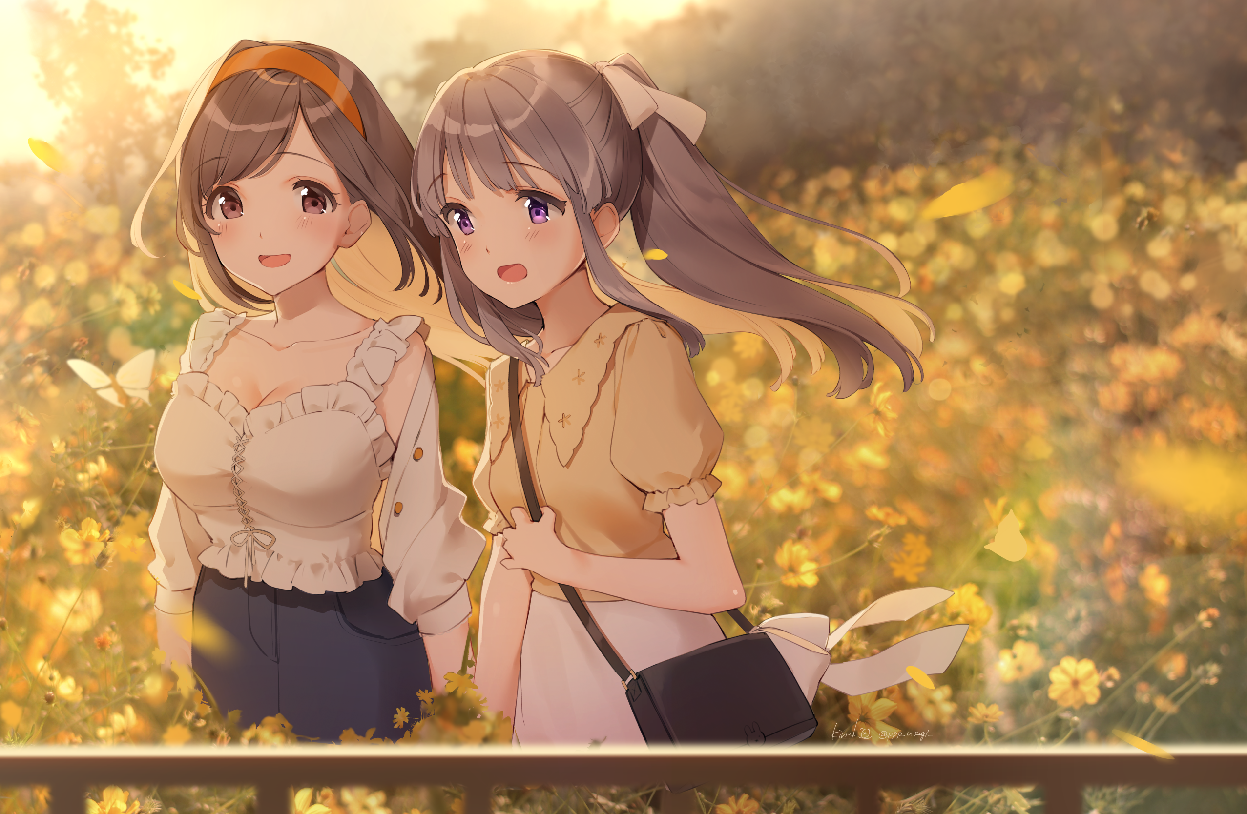 Two anime girls in a field of yellow flowers HD Wallpaper