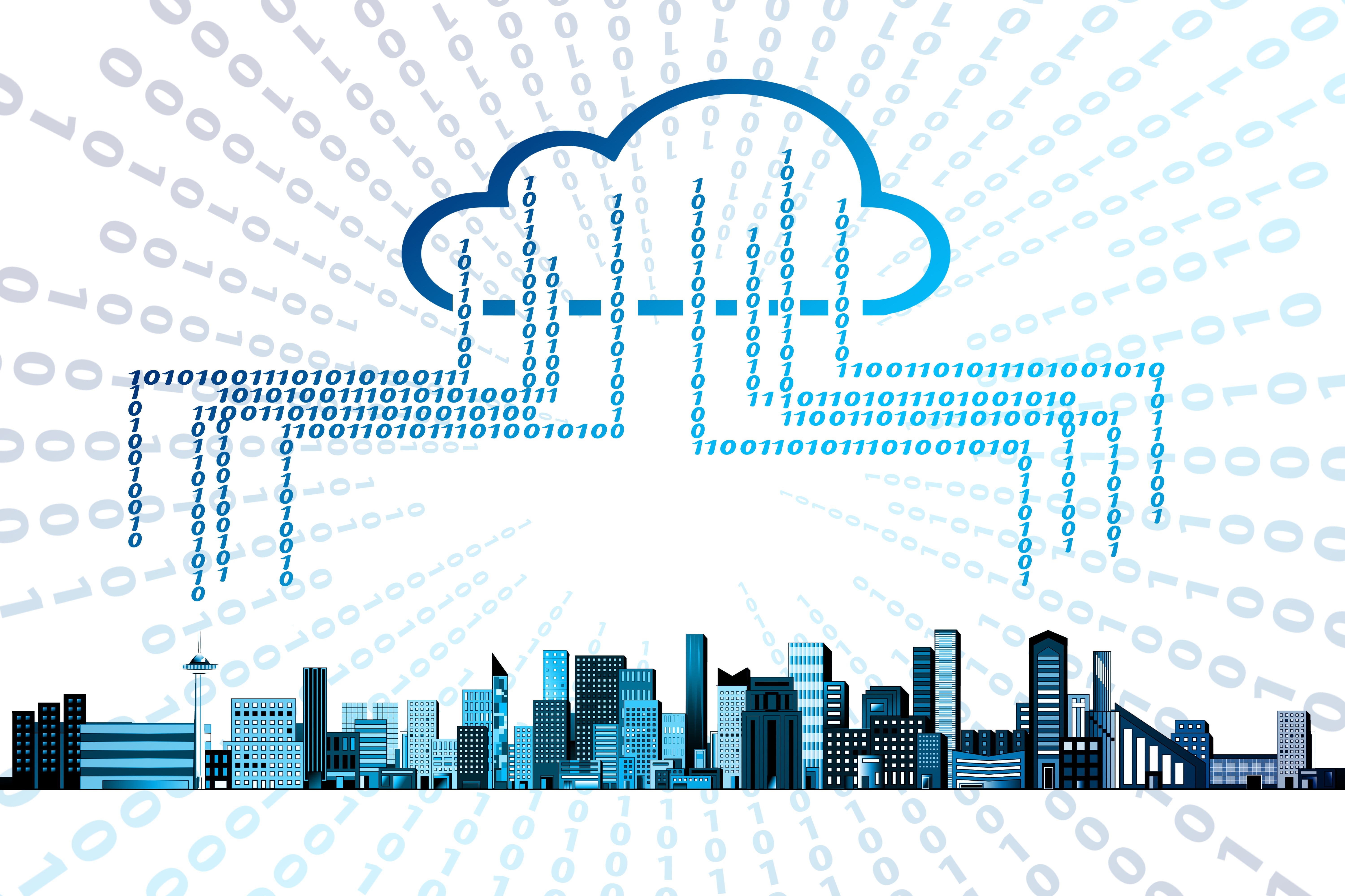 Cloud services and cityscape with binary code HD Wallpaper