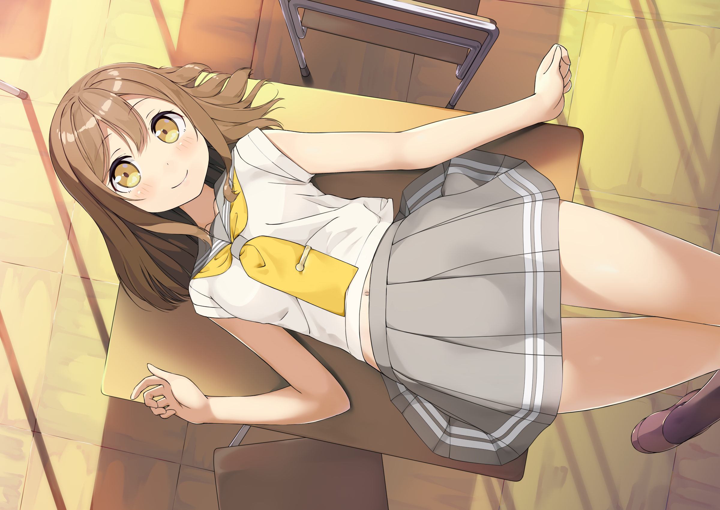 Girl in school uniform lying on a desk HD Wallpaper