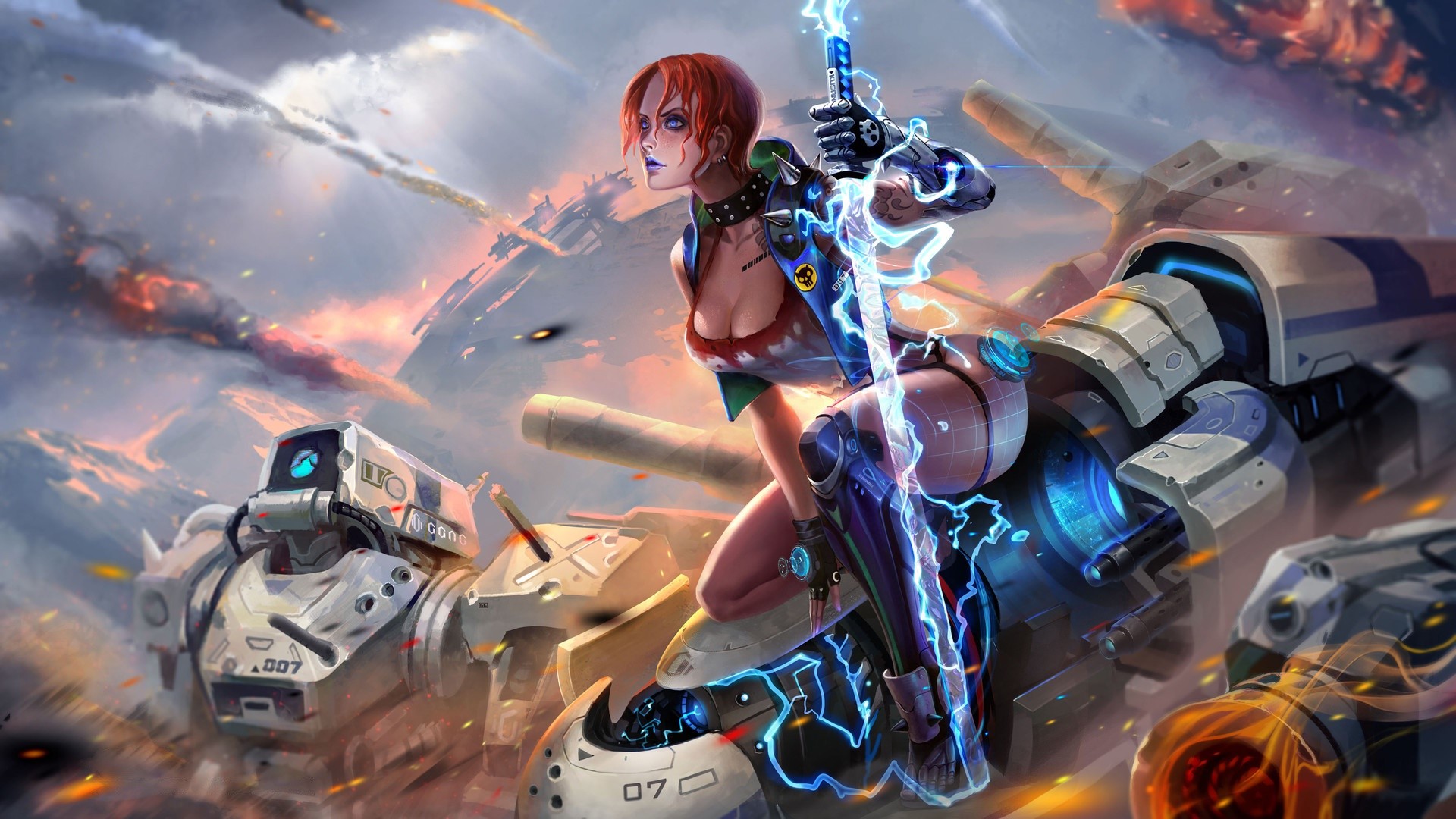 Redhead woman with sword on robot in science fiction artwork HD Wallpaper