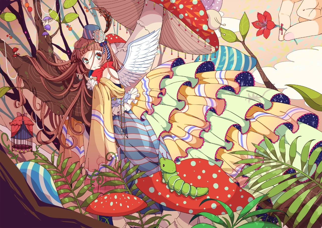 Anime girl with wings and a caterpillar in a fantasy forest HD Wallpaper