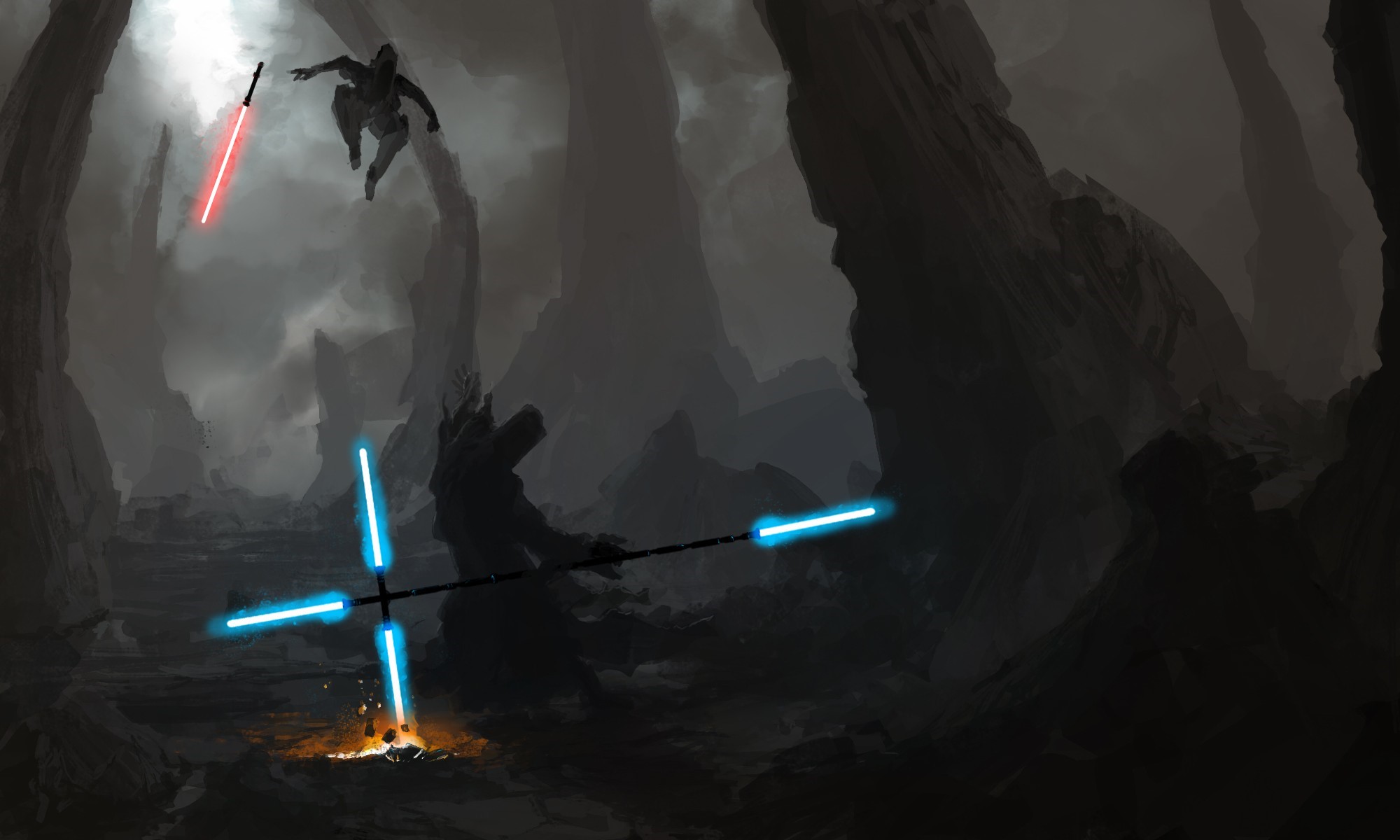 Star Wars characters fighting with lightsabers in a cave HD Wallpaper