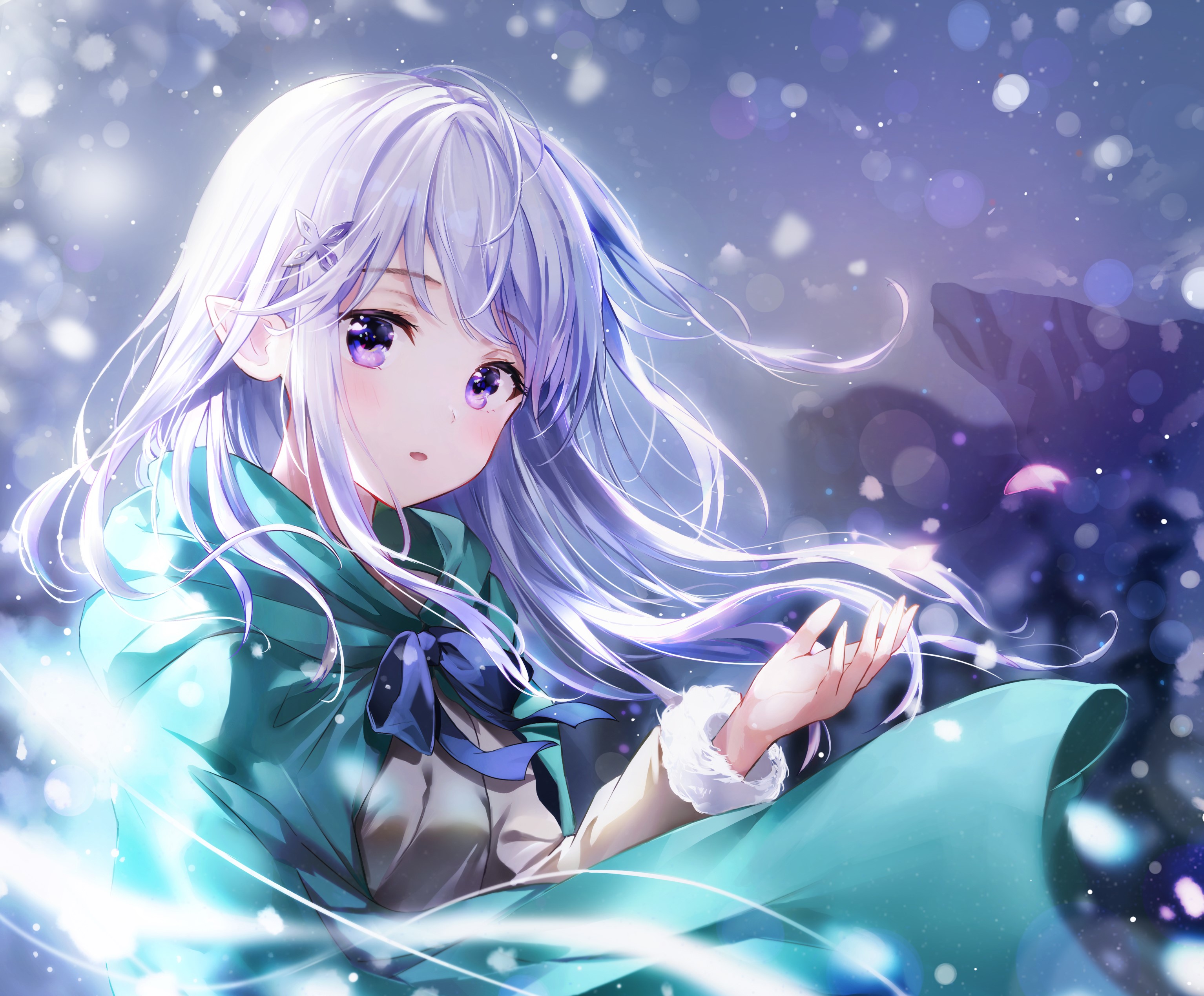 Anime girl with purple eyes and white hair in a teal cloak HD Wallpaper