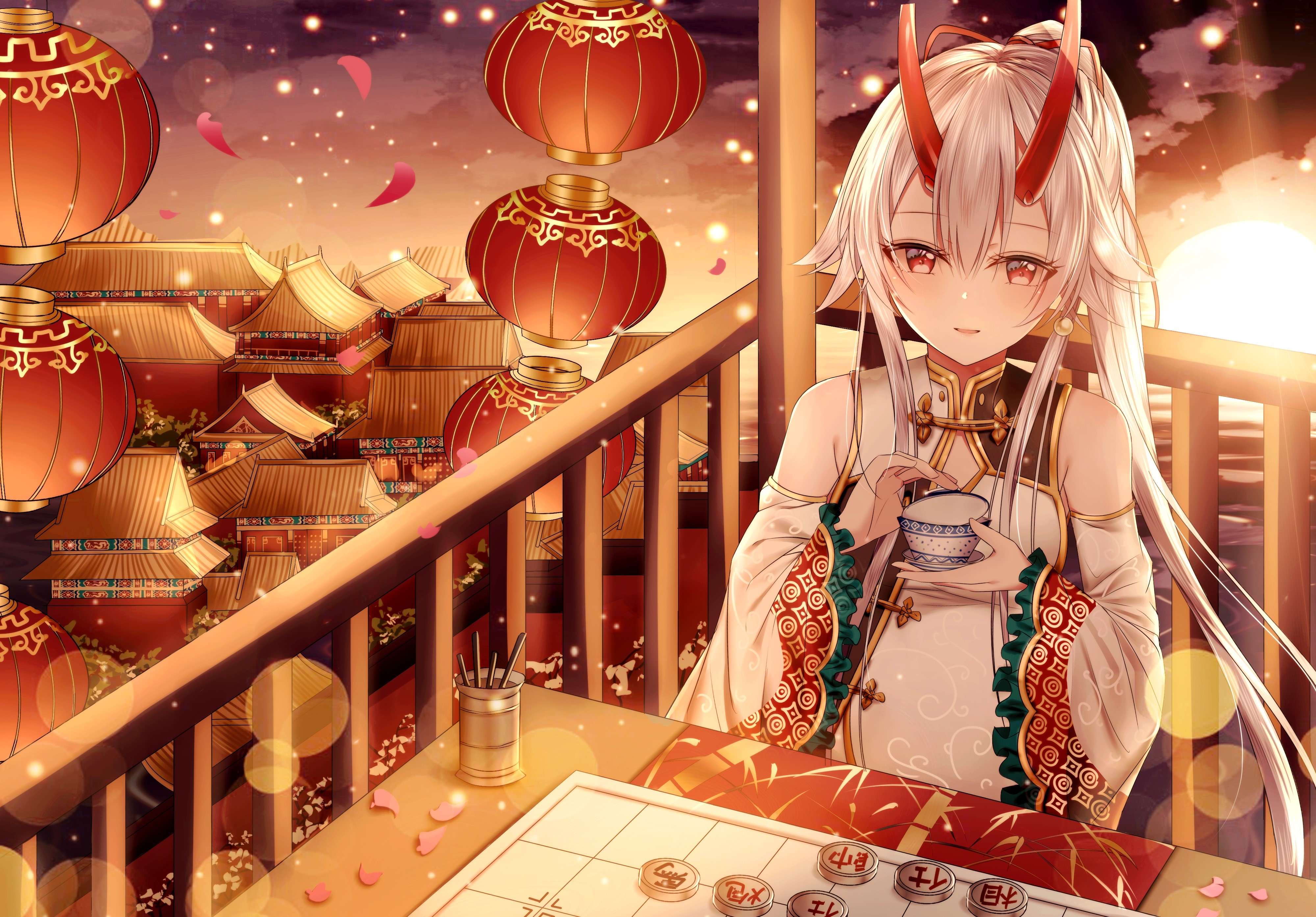 Anime girl with horns playing Chinese chess HD Wallpaper