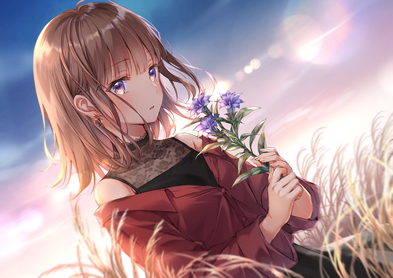 Anime girl with purple eyes holding flowers in a field HD Wallpaper