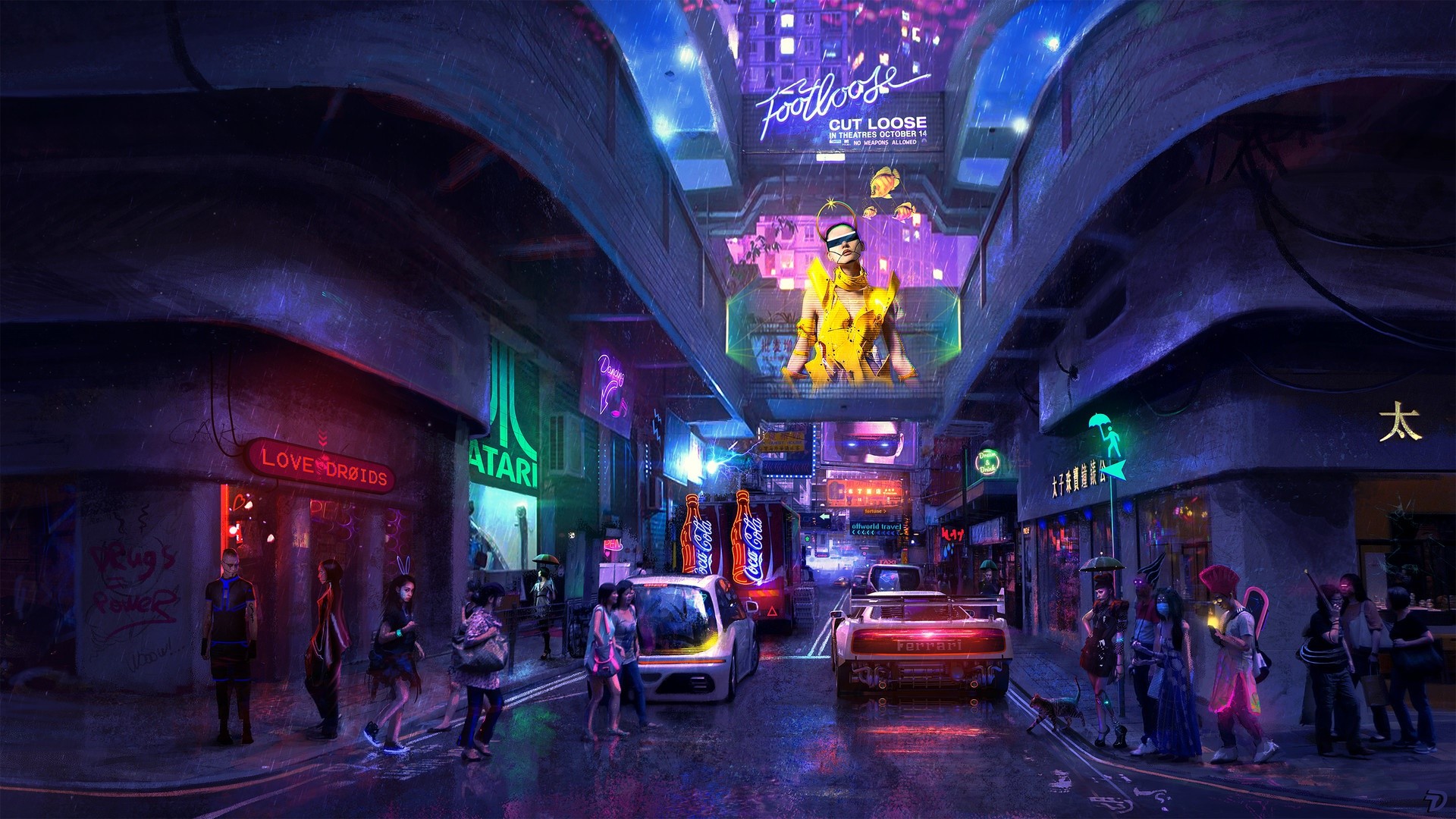 Cyberpunk street with neon signs and futuristic cars HD Wallpaper