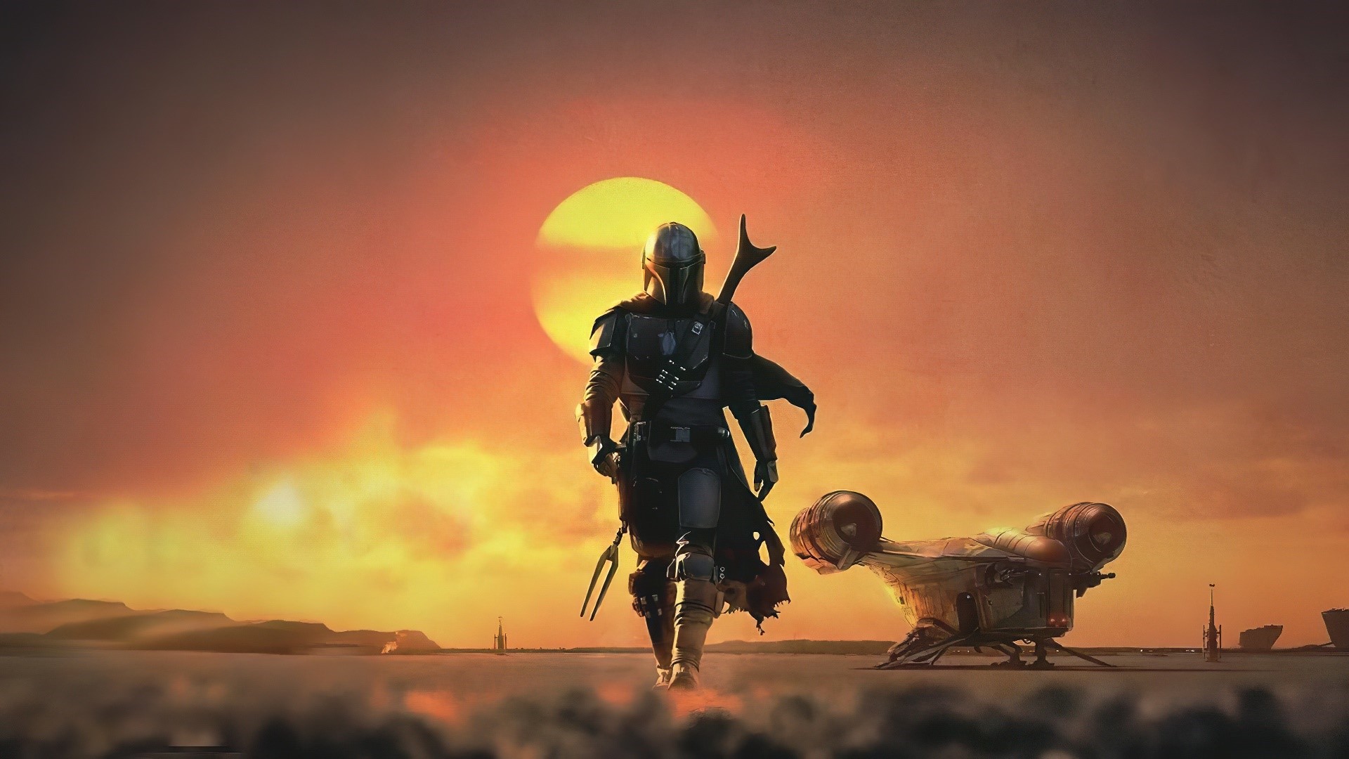The Mandalorian and his ship on a desert planet HD Wallpaper