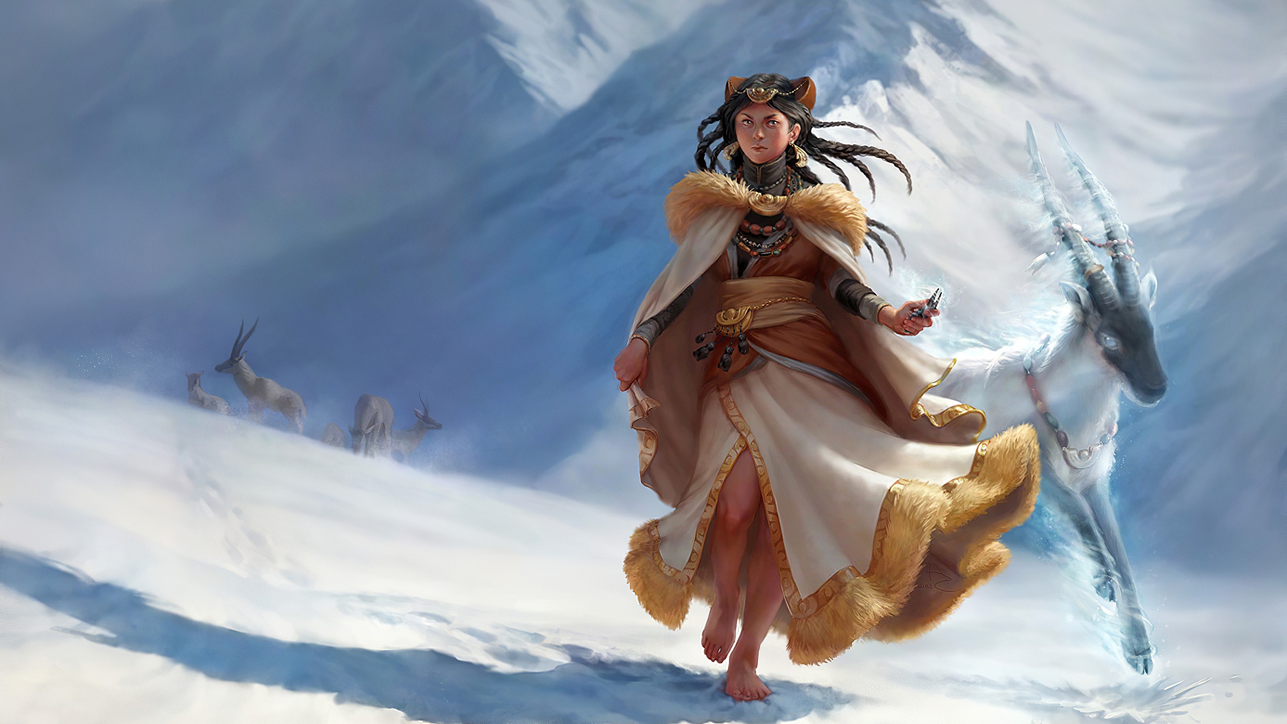 Woman with magical creature in snowy mountains HD Wallpaper