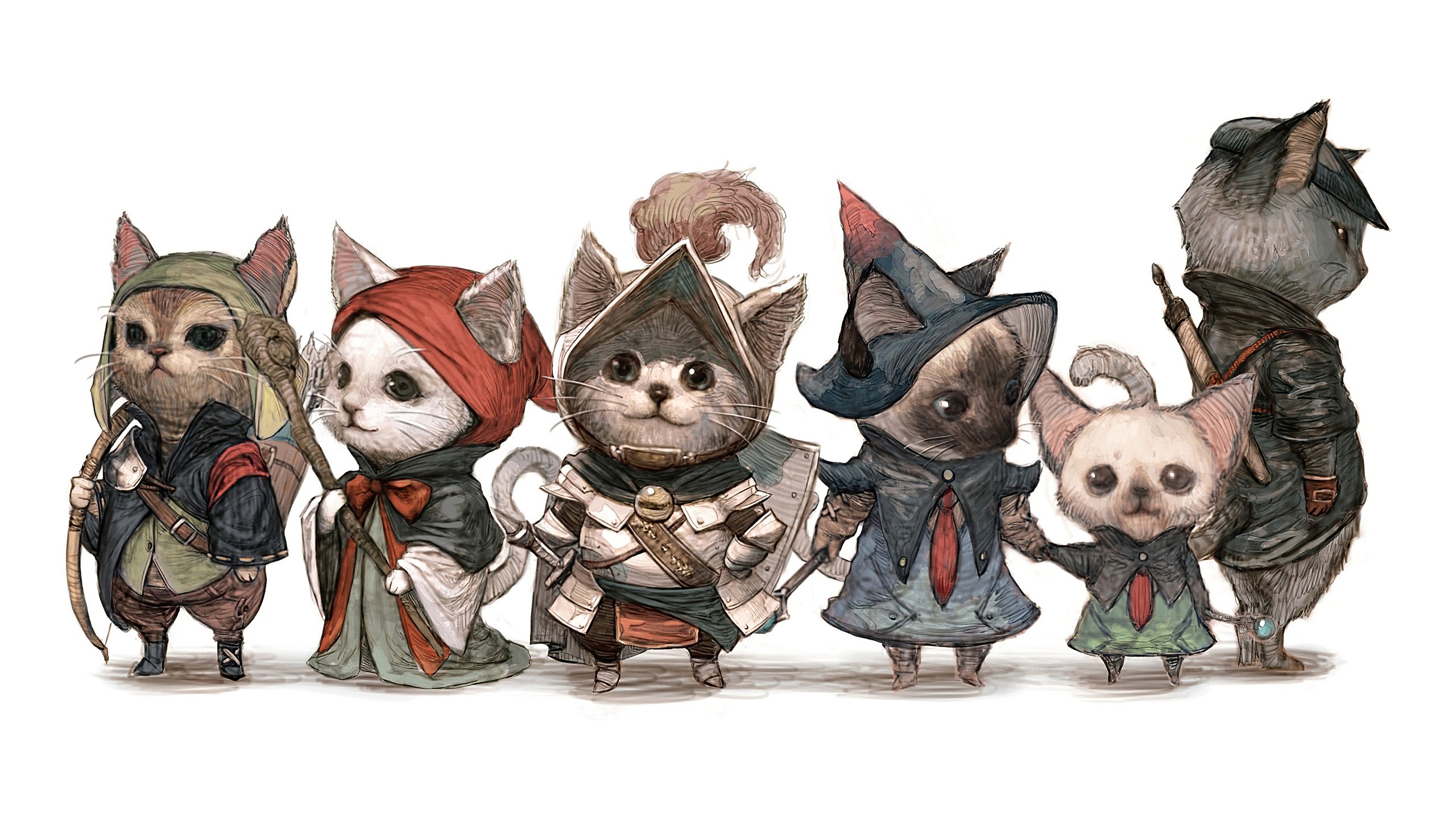 Fantasy art of anthropomorphic cats in armor and costumes HD Wallpaper