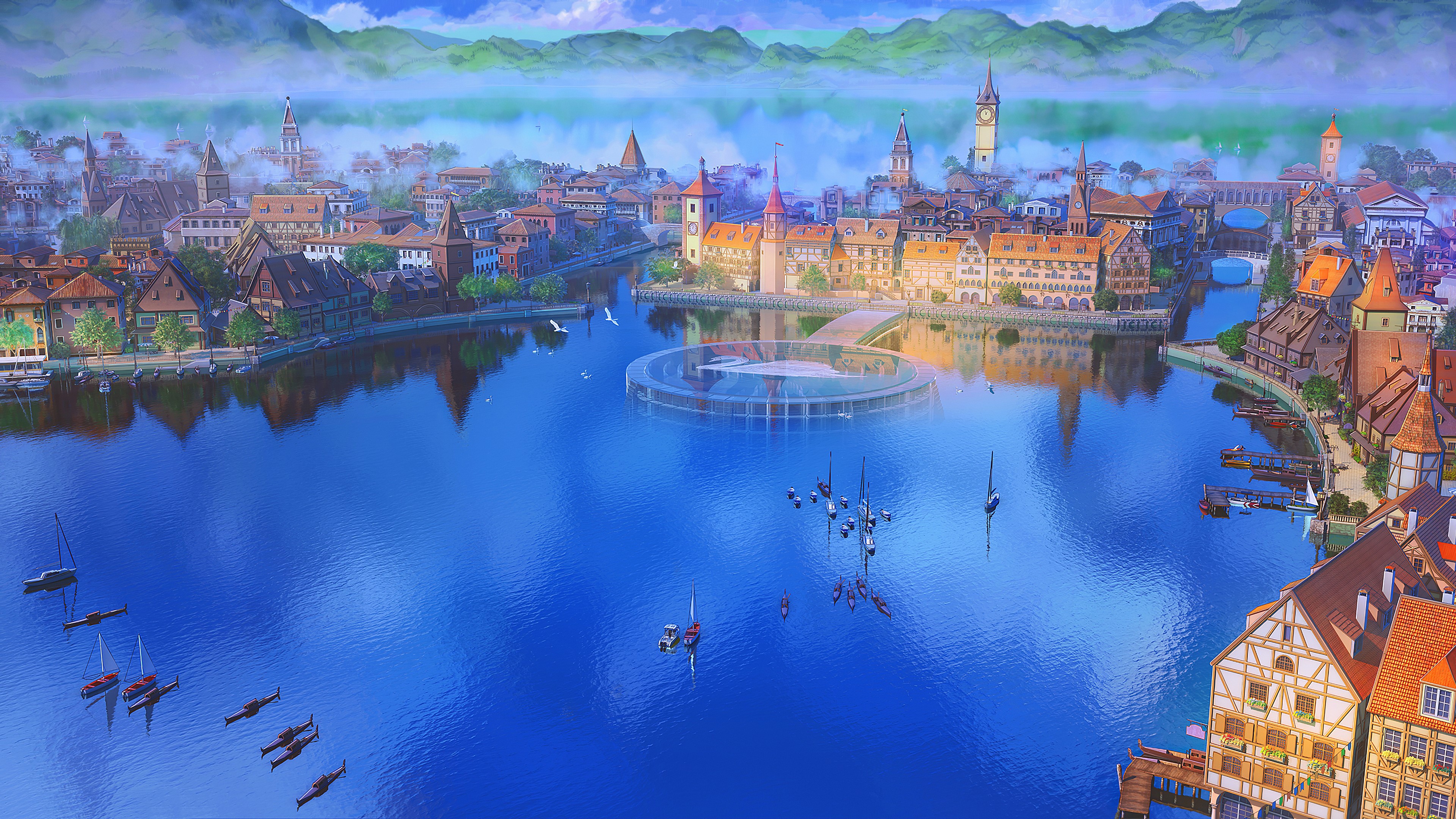 Fantasy town with lake and boats HD Wallpaper