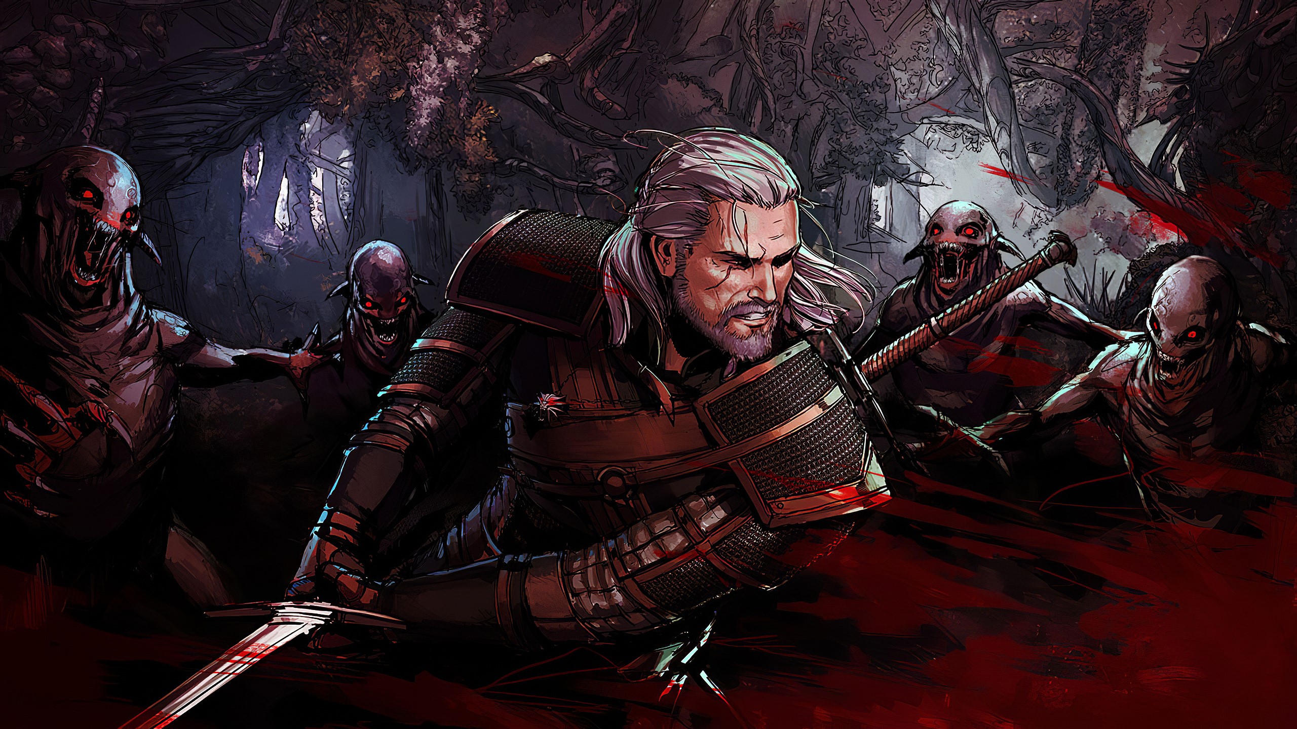Geralt of Rivia fighting monsters in The Witcher HD Wallpaper