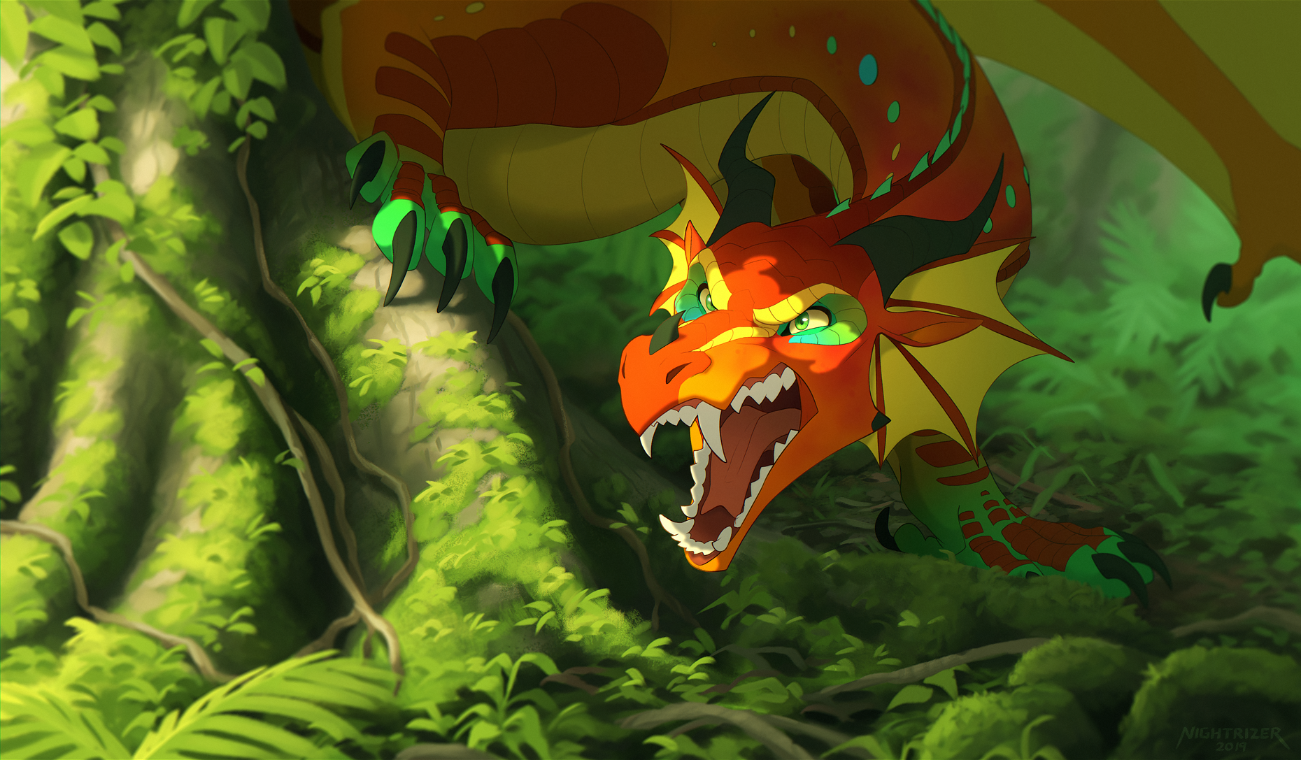 A dragon with orange and green scales in a jungle HD Wallpaper