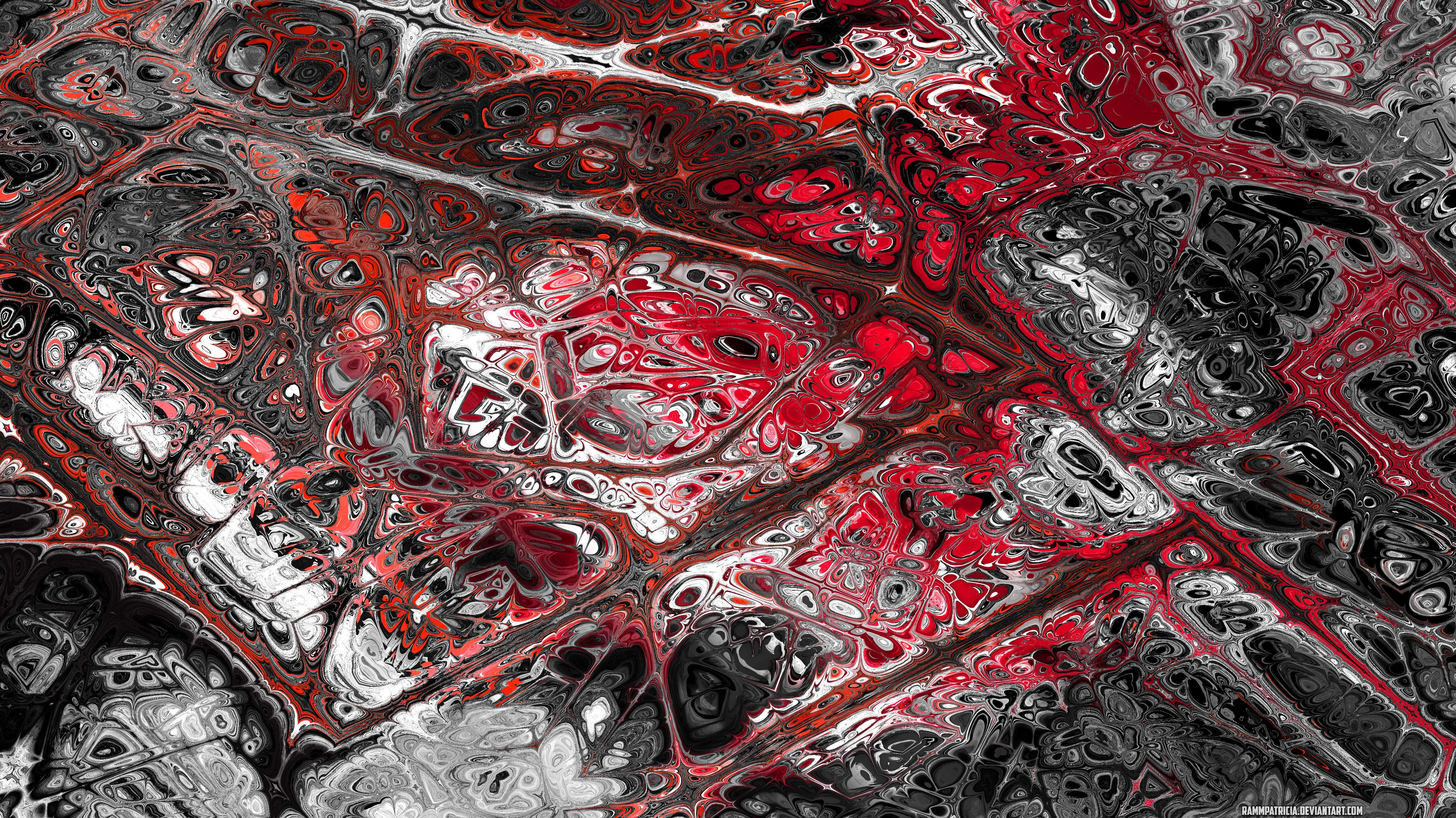 Abstract digital art with red, black, and white patterns HD Wallpaper