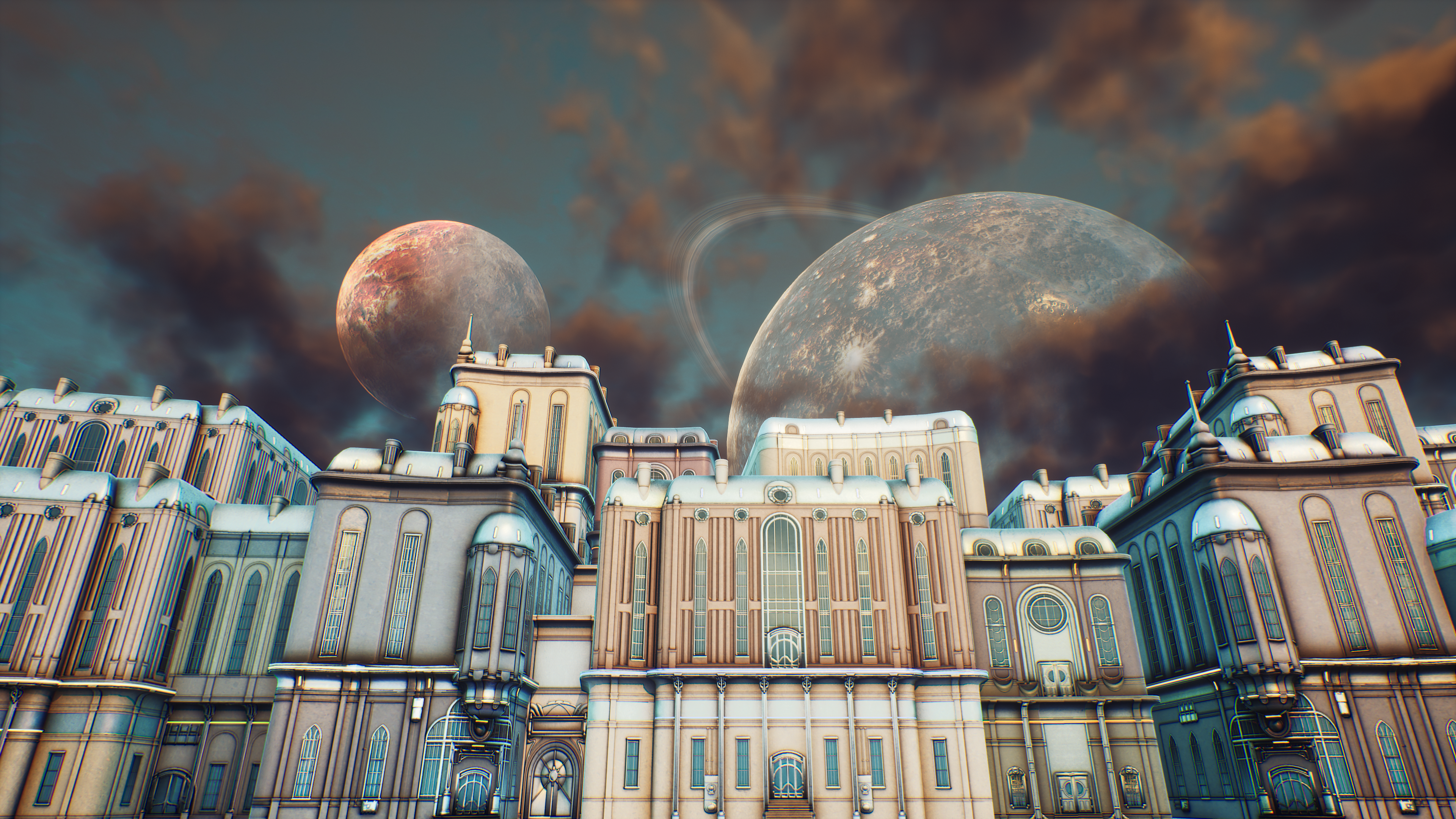 4K science fiction city with planets in the sky HD Wallpaper