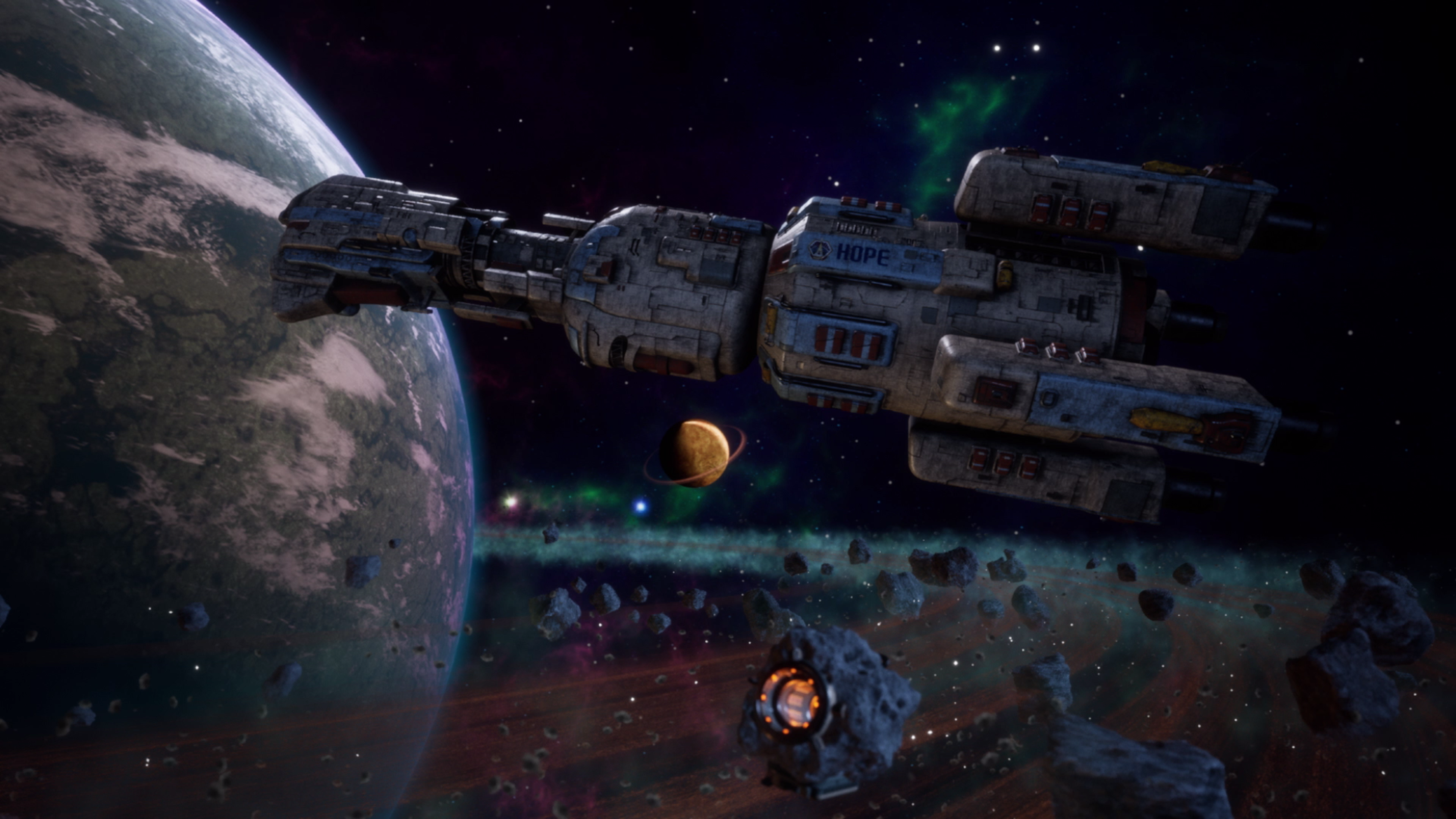 Spaceship in space near planets and asteroids HD Wallpaper