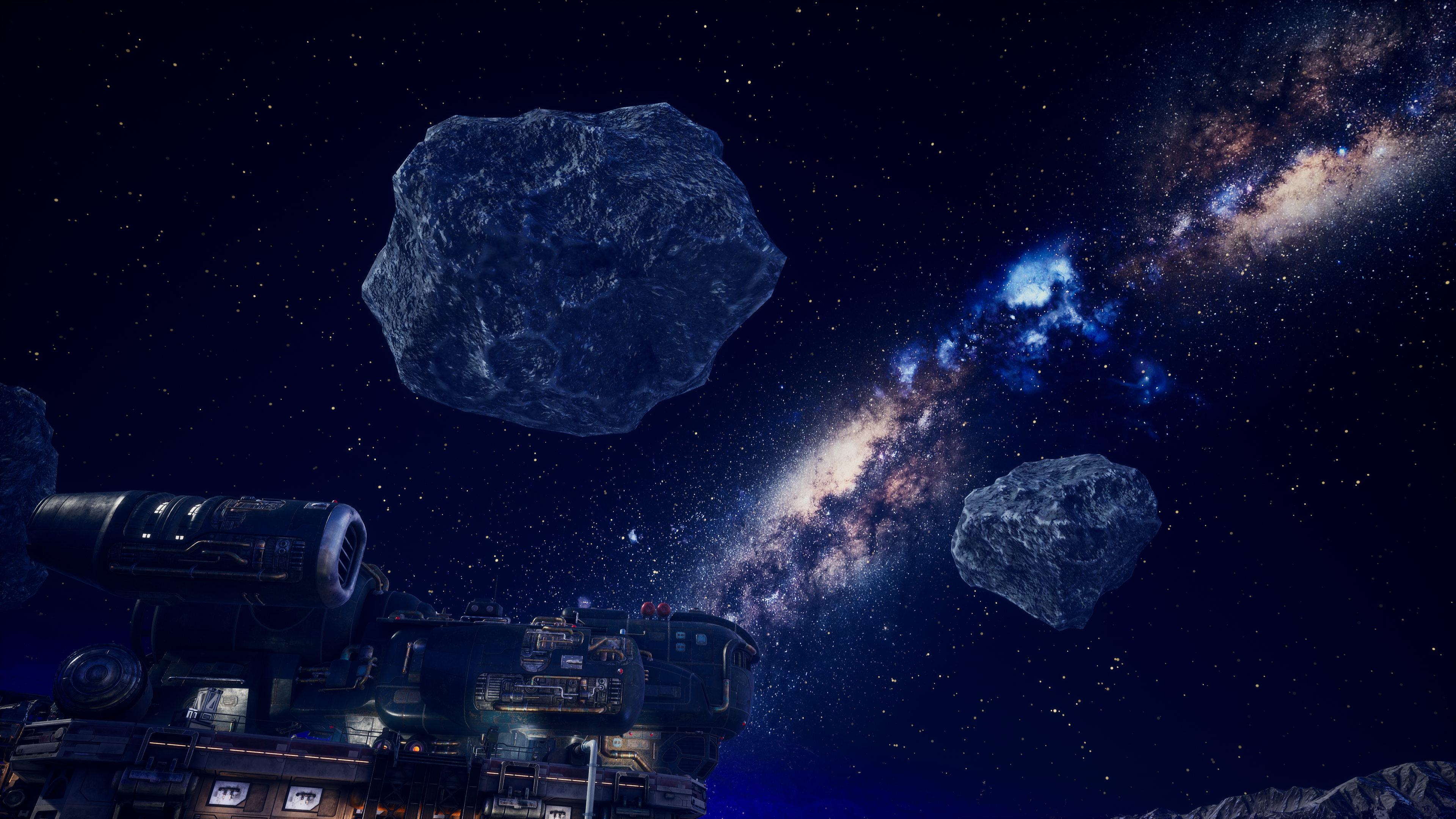 4K space scene from The Outer Worlds with spaceship and asteroids HD Wallpaper