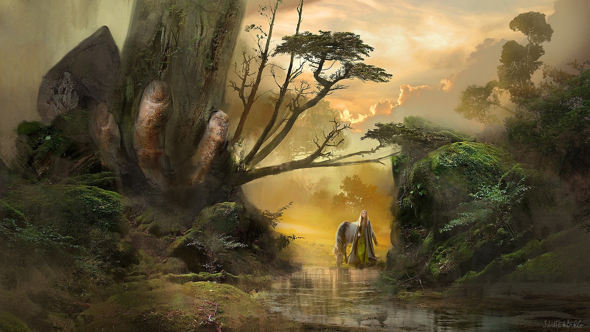 Fantasy art of a girl and horse by a stream HD Wallpaper