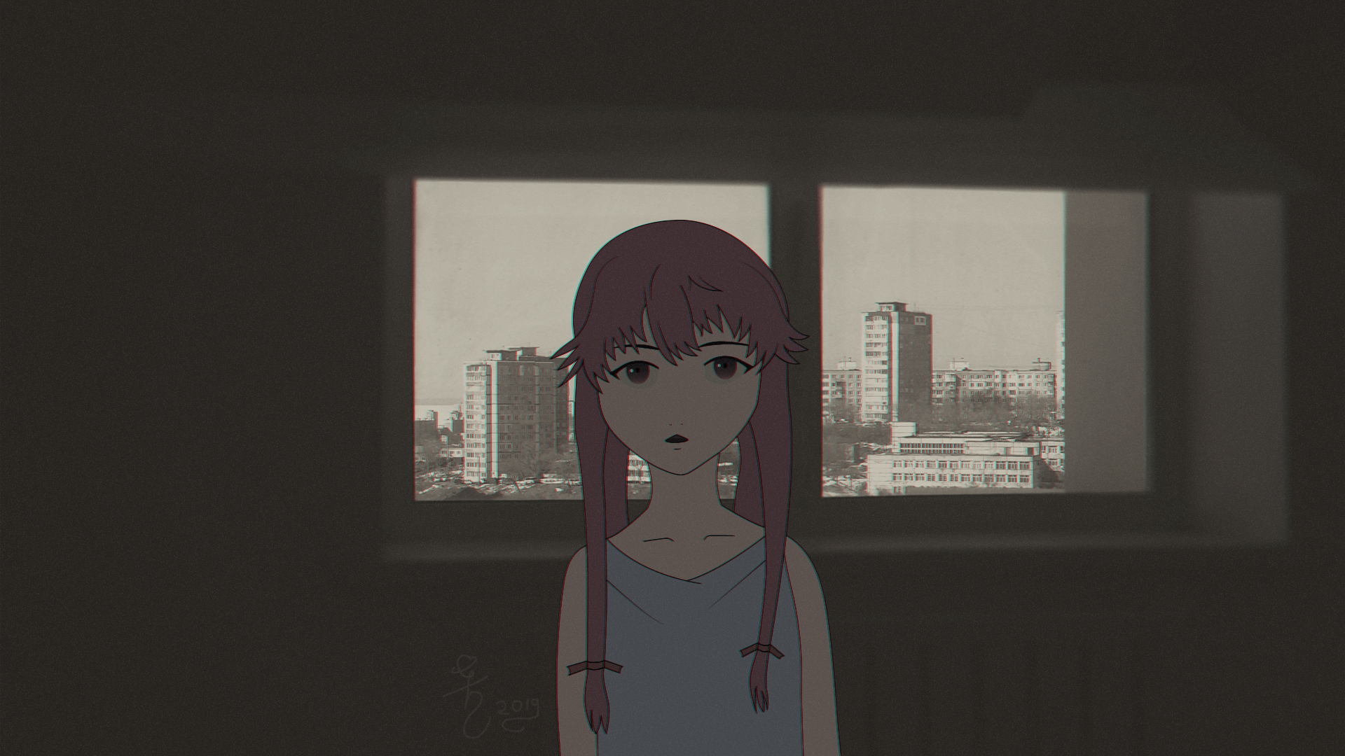Girl in a room with a view of Soviet-era buildings HD Wallpaper