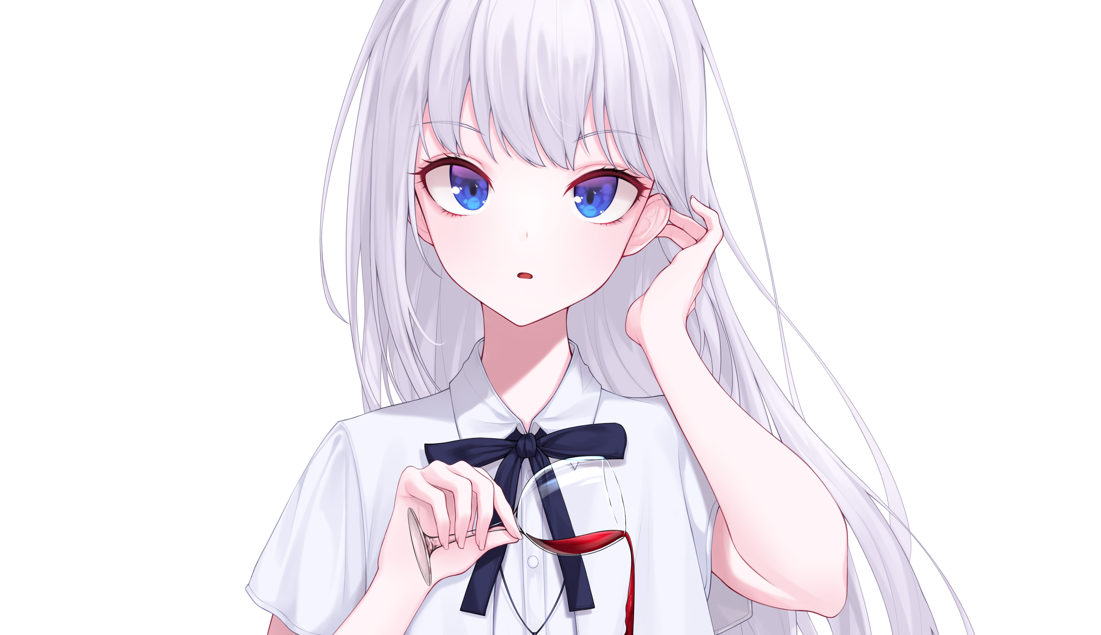 Anime girl with white hair and blue eyes holding wine glass HD Wallpaper