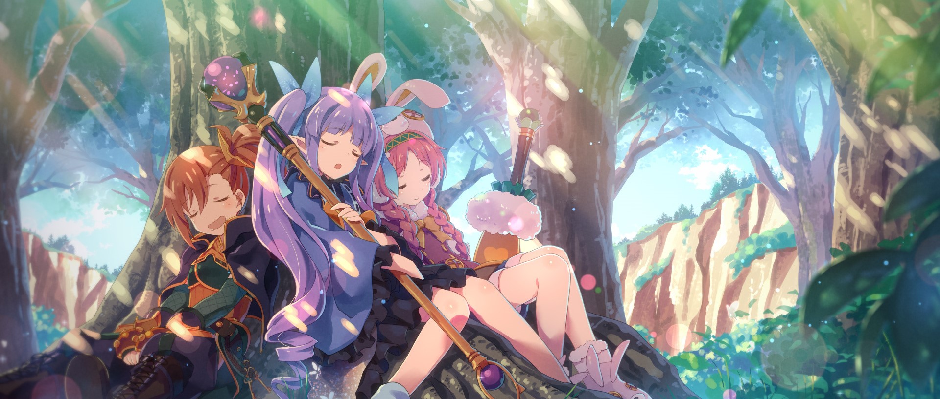 Anime girls sleeping in a forest HD Wallpaper